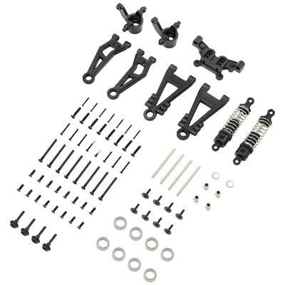 Chassis spare parts for RC car, including suspension struts, suspension arms and various screws and bearings, laid out flat.