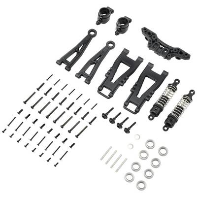 Repair kit for a model car with screws, springs, suspension components and bearings on a white background.