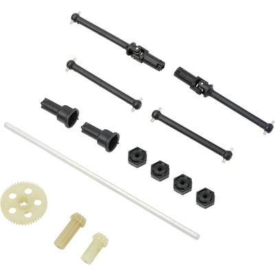 Four black axes, a gear wheel and five small sockets on a white background. Plugs and rod made of plastic.