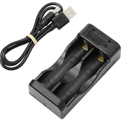 USB charging cable and battery charger for two AA batteries. Charger in black with two vertical slots.