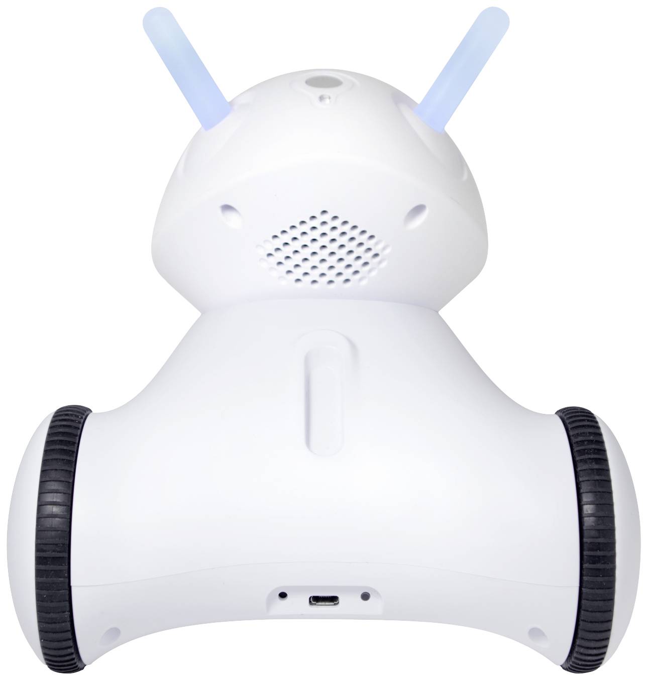 A white robot with two wheels and blue antennae, pictured from the front.