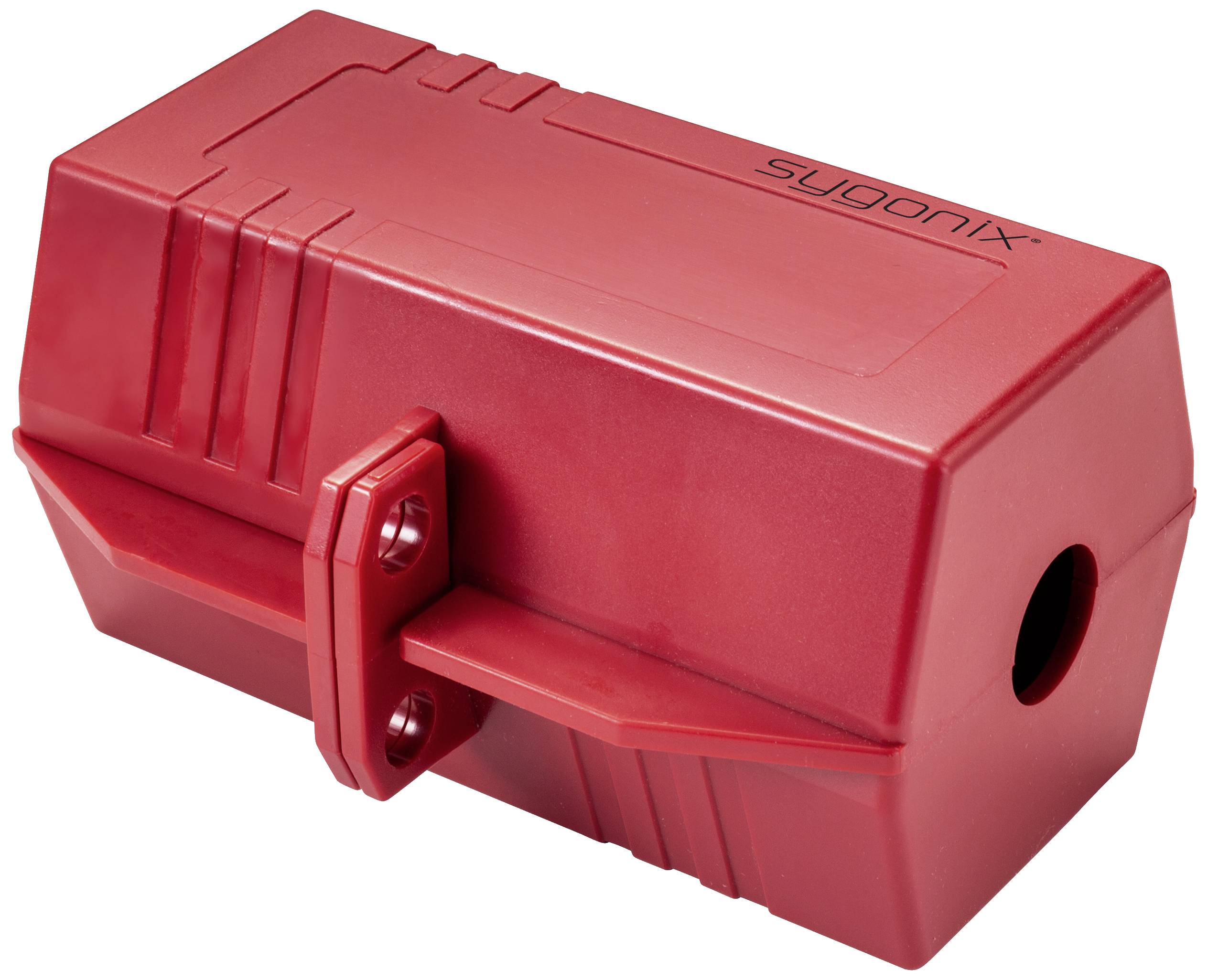 A red, rectangular housing with a pierced hole on the right side and a mounting bracket in the centre.