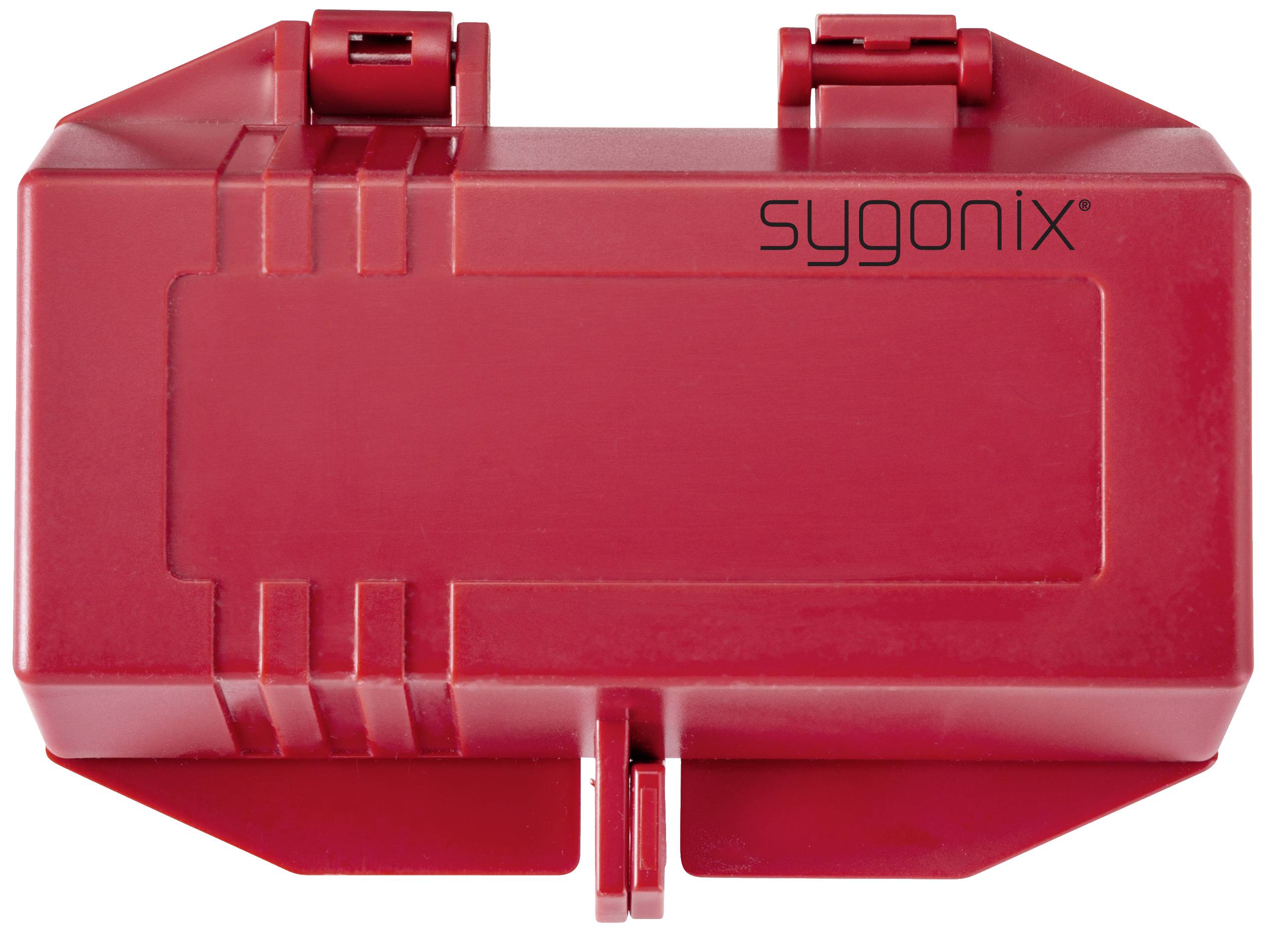 Red, rectangular housing with rounded corners, 'sygonix' inscription in the top right corner.