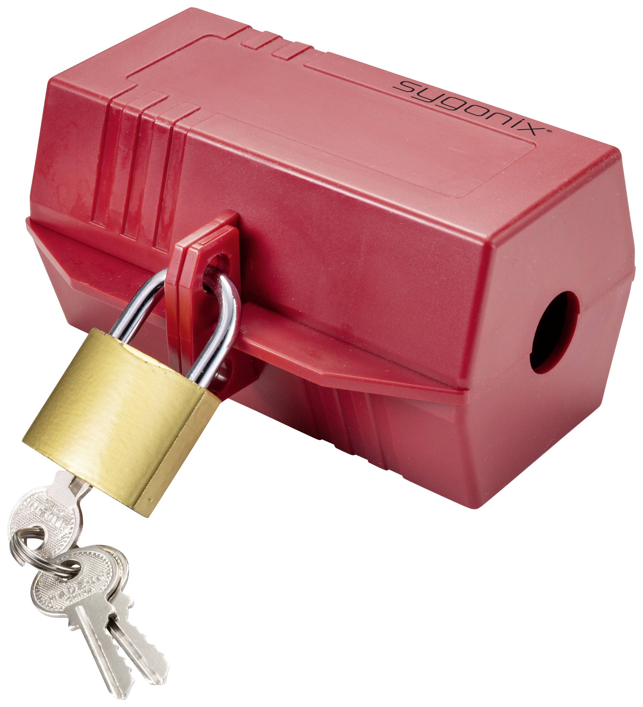 Red safety device with padlock and two keys, used to secure valves or switches during maintenance work.