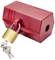 Red safety device with padlock and two keys, used to secure valves or switches during maintenance work.
