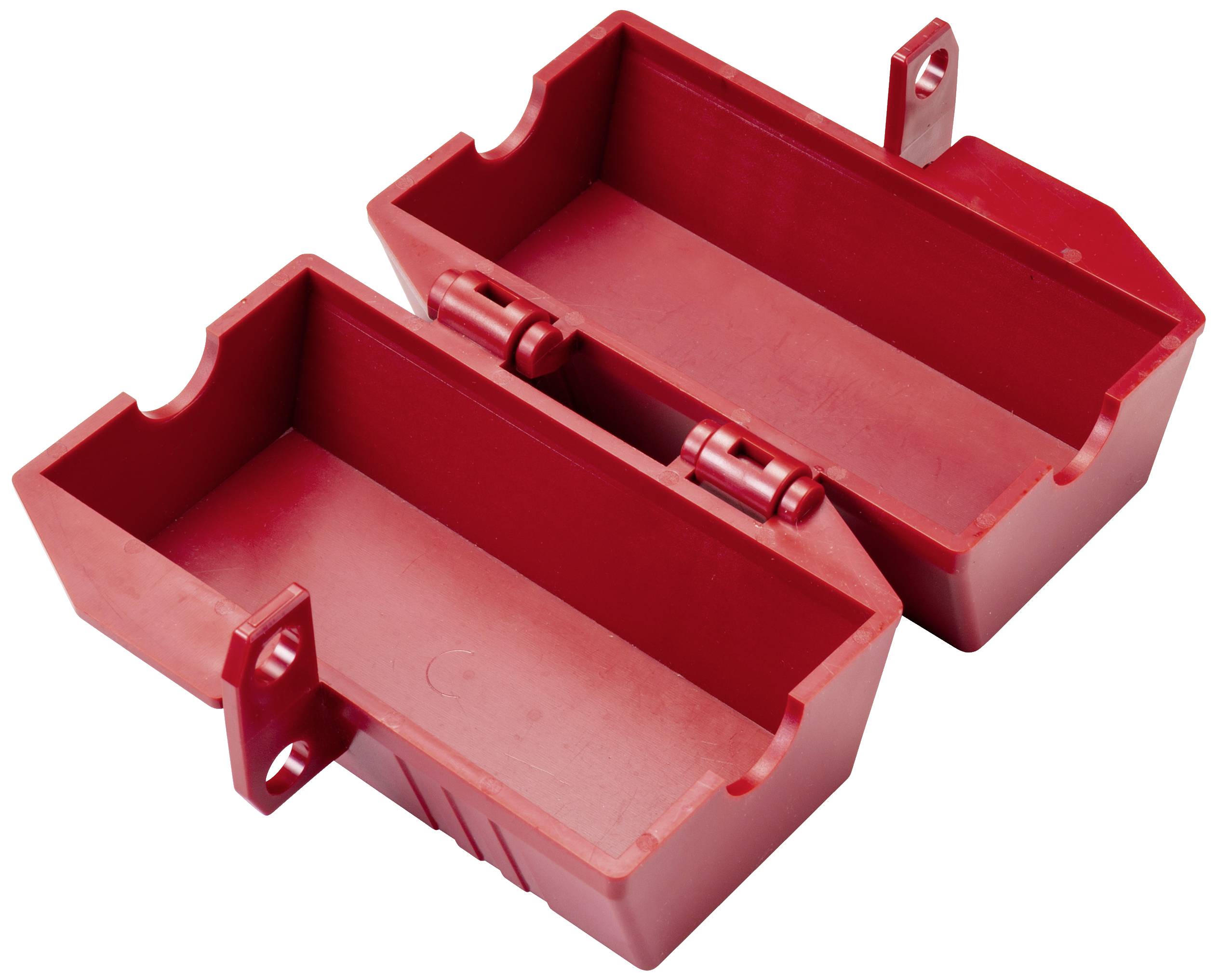 Two red electrical plastic junction boxes, opened, reveal their interior space for housing cables or connections.