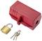 Red lockout-tagout device with padlock and three keys, used for securing machinery during maintenance work.
