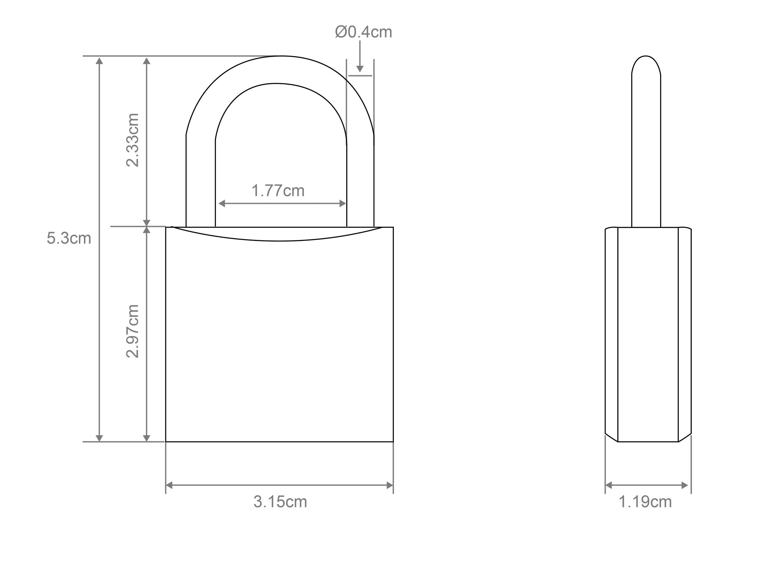 Figure of a padlock with dimensions: Height 5.3 cm, Width 3.15 cm, Shackle diameter 0.4 cm, Opening width 1.77 cm, Shackle height 2.33 cm.