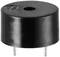 Black electronic buzzer with a round shape and two metal pins on the underside for mounting on a circuit board.