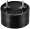 A round, black piezo buzzer with two metal pins. Used for generating alarm tones in electronic devices.