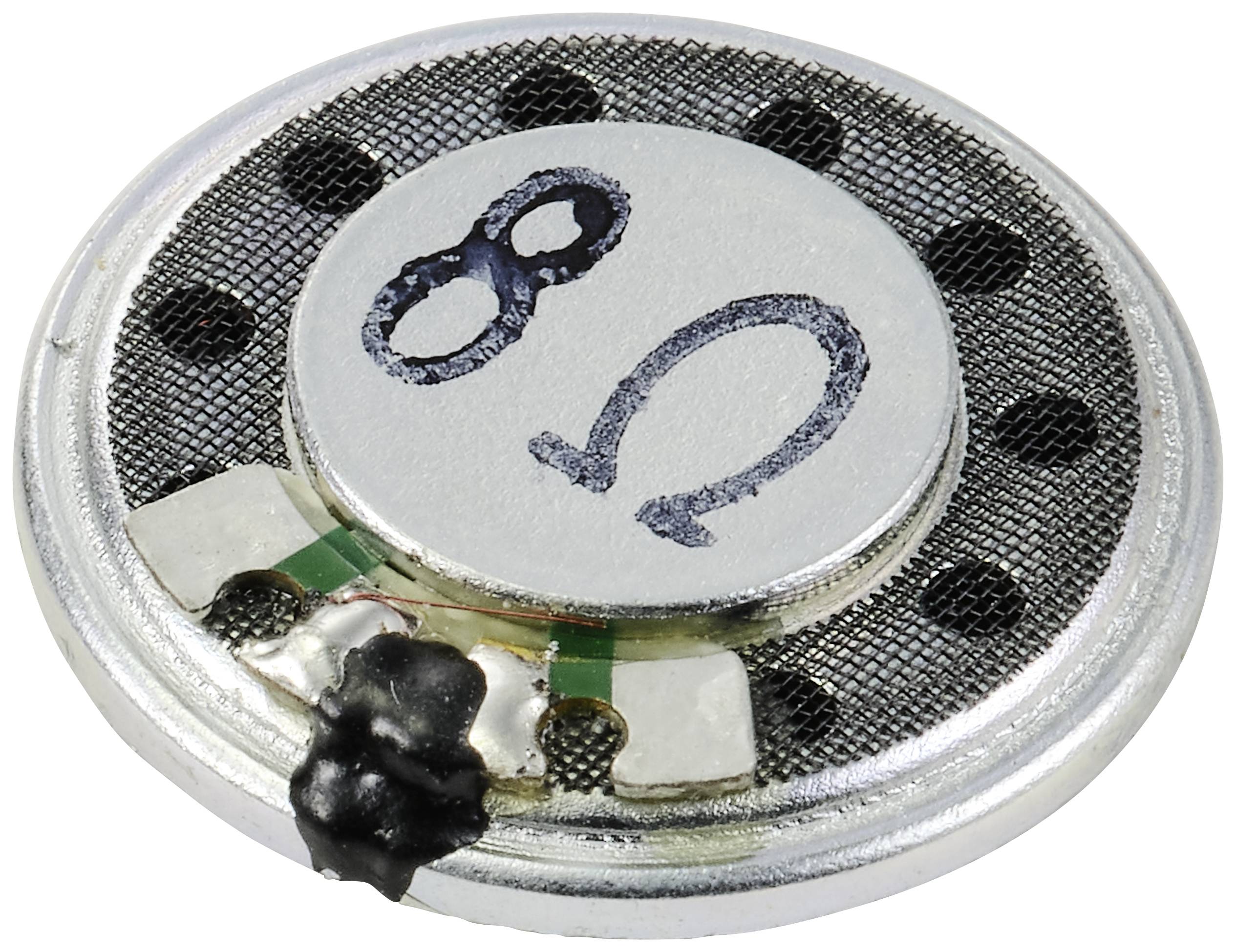 A small round speaker with the marking '8 Ω', sitting on a metallic grid.