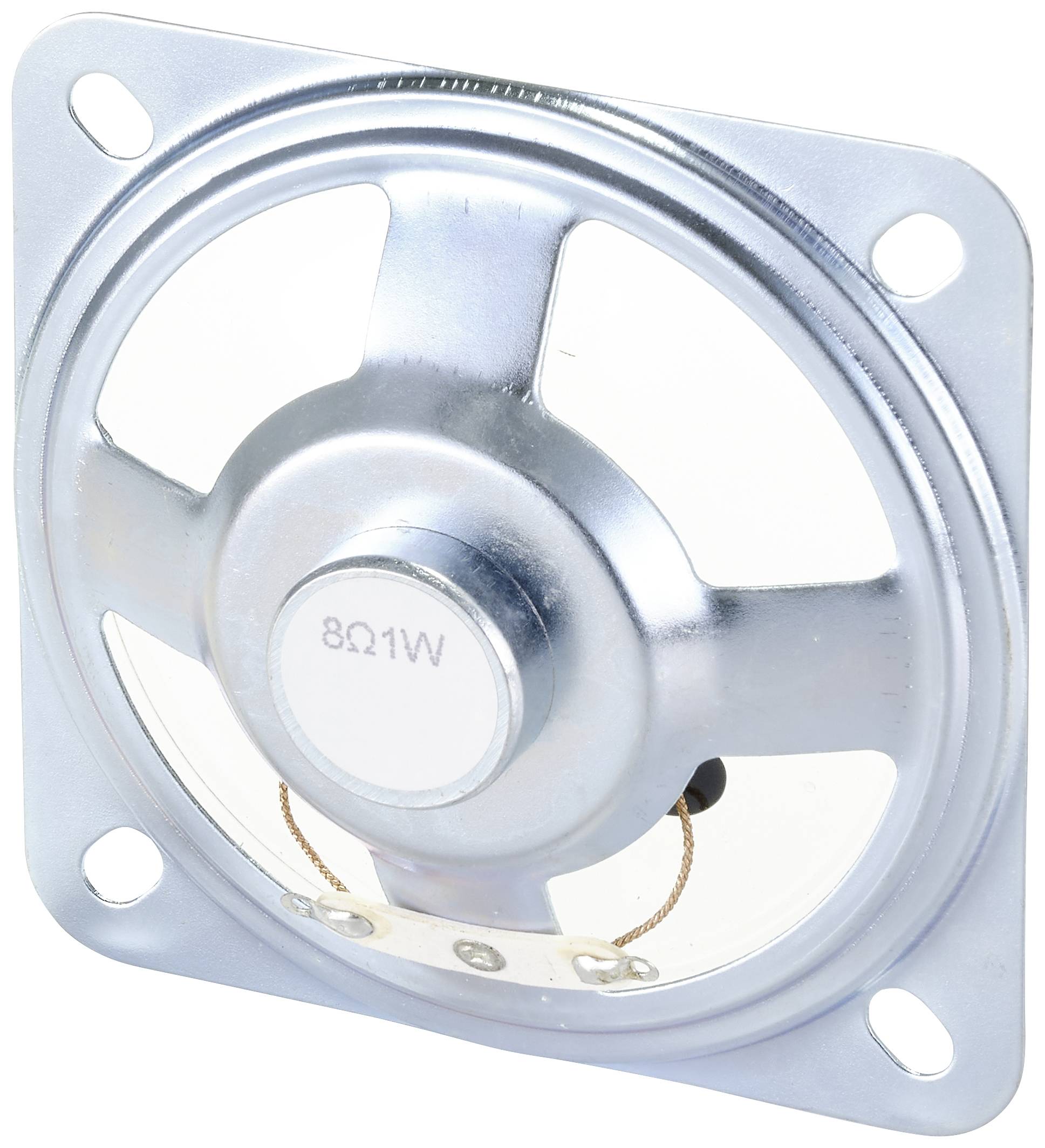 Metal speaker with a square mounting bracket and the inscription '8Ω1W' in the centre.