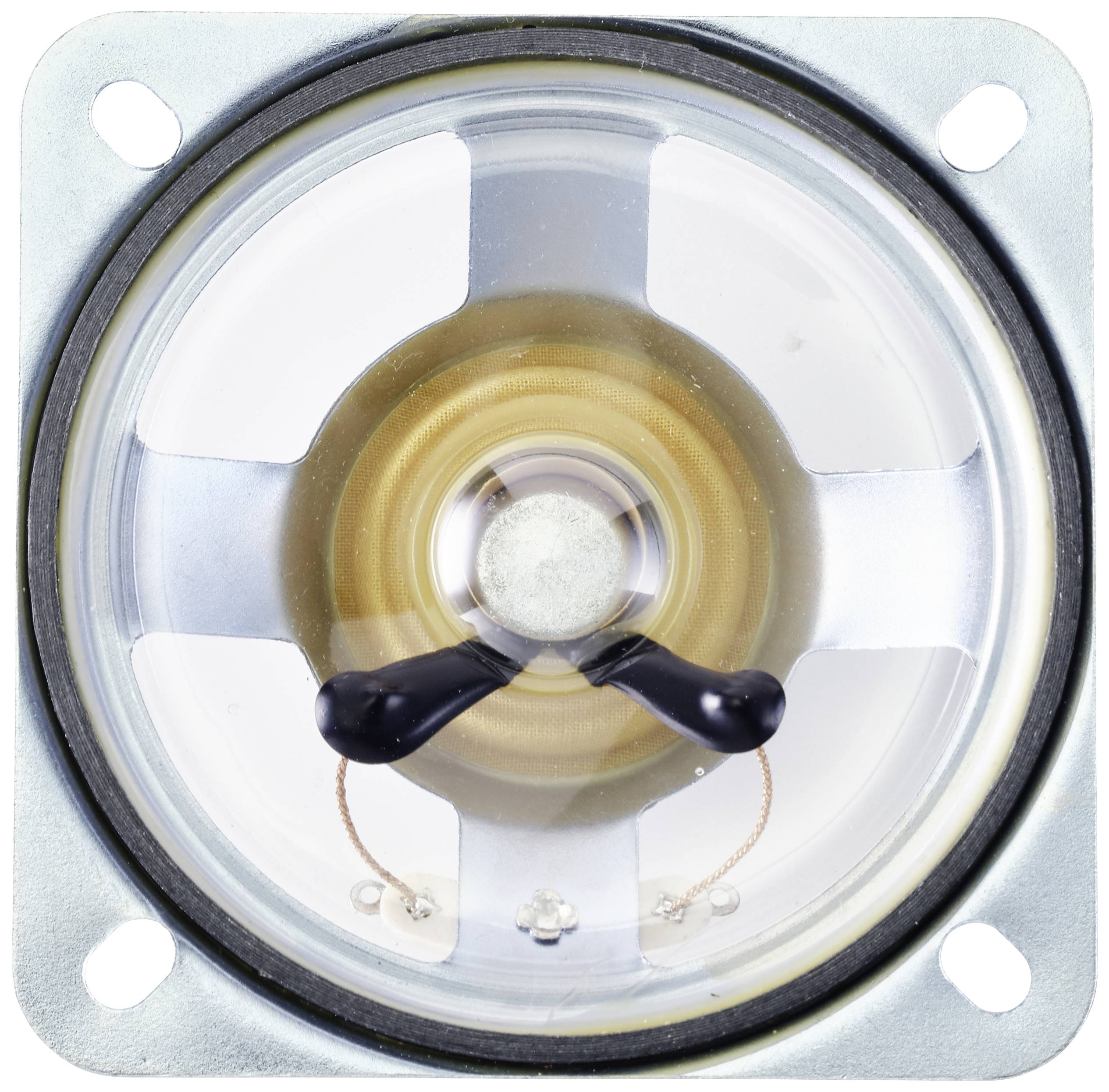 Close-up of a speaker from the front. Visible are the membrane, the central voice coil, and the terminals.