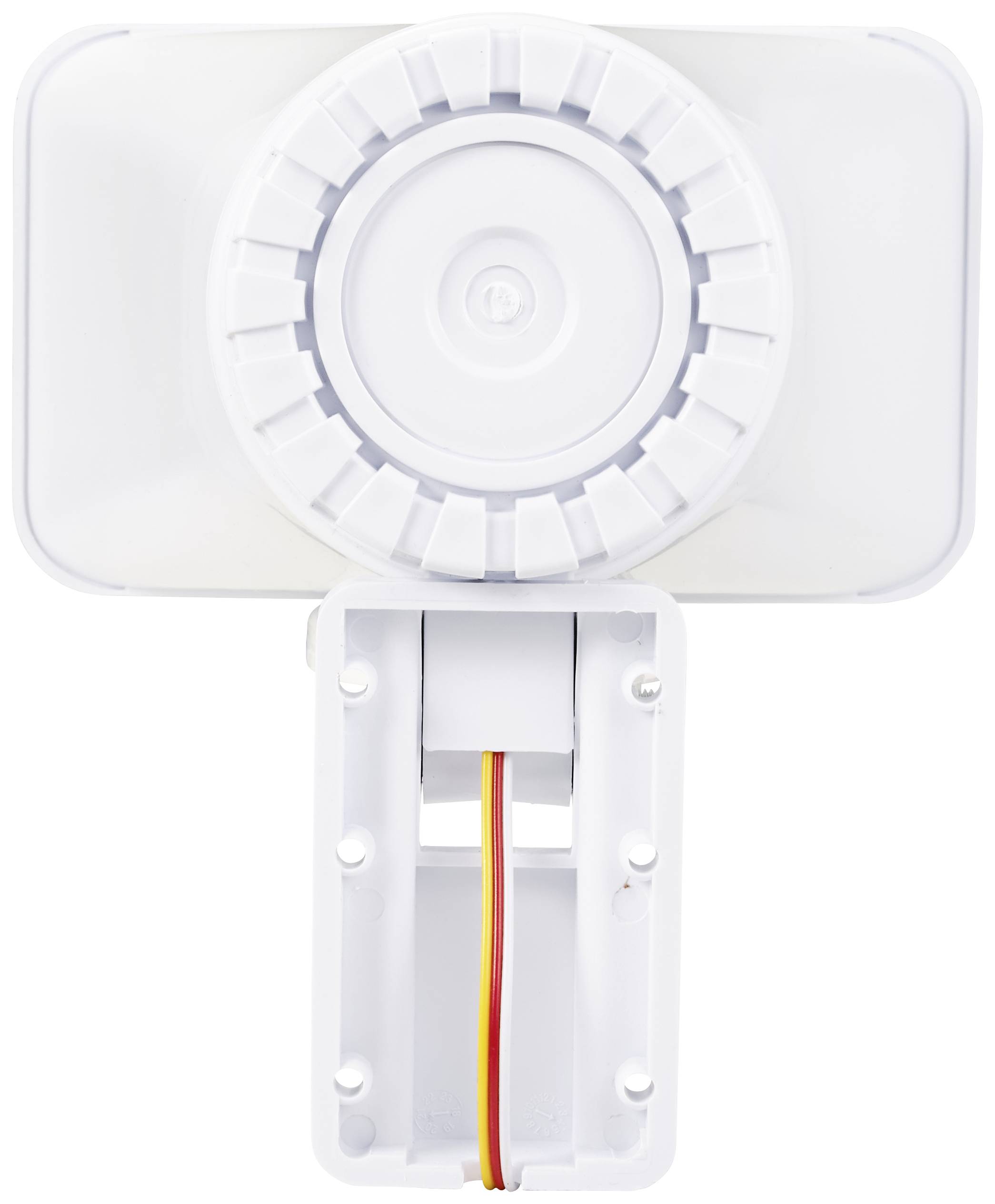 A white, rectangular LED floodlight with a circular design in the centre, mounted on an adjustable bracket with cable connection.