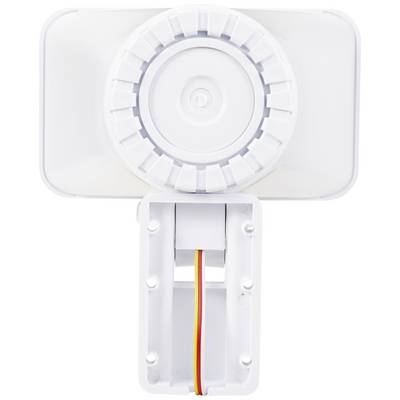 A white, rectangular LED floodlight with a circular design in the centre, mounted on an adjustable bracket with cable connection.