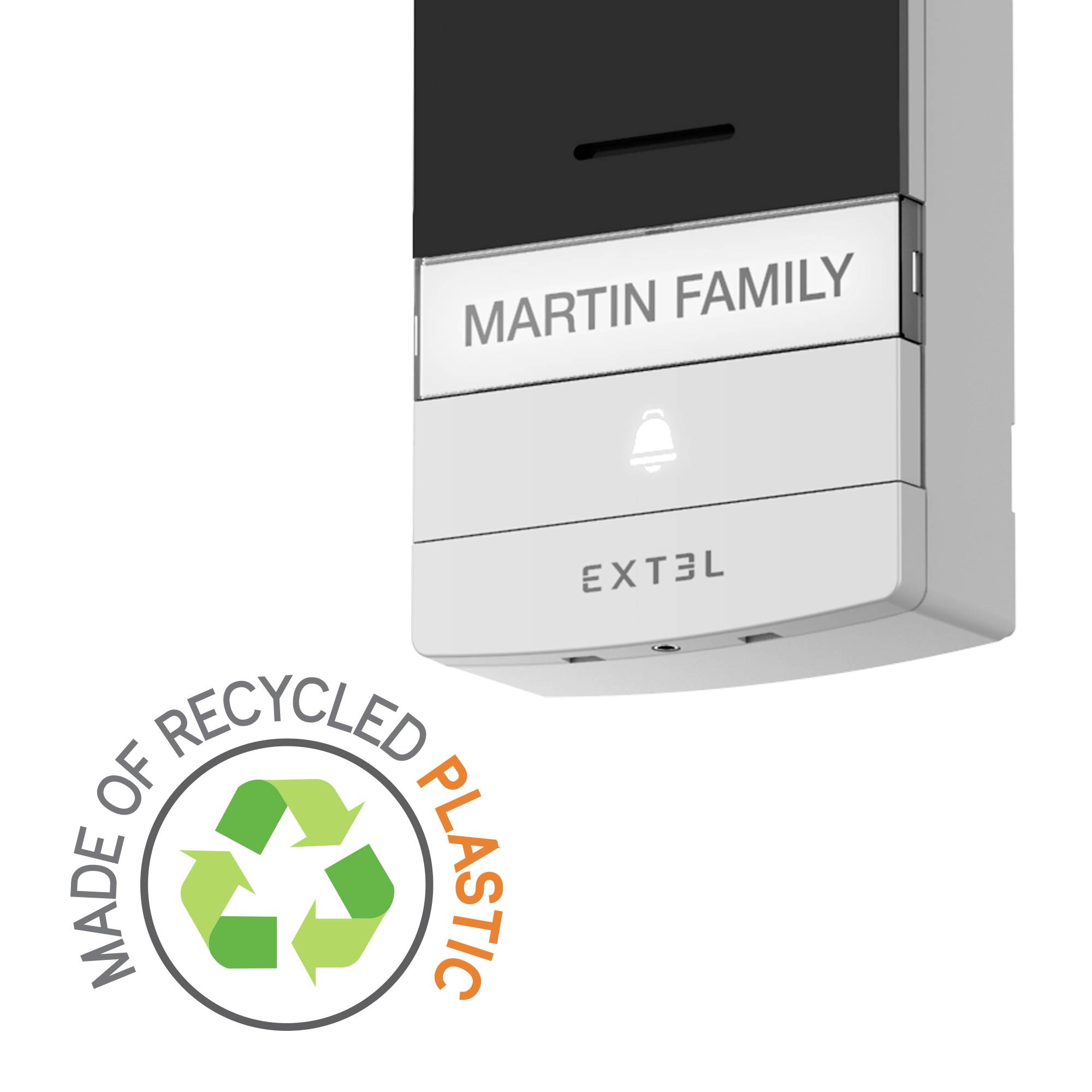 Wireless doorbell with 'Martin Family' inscription and 'Extel' logo. Manufactured from recycled plastic.