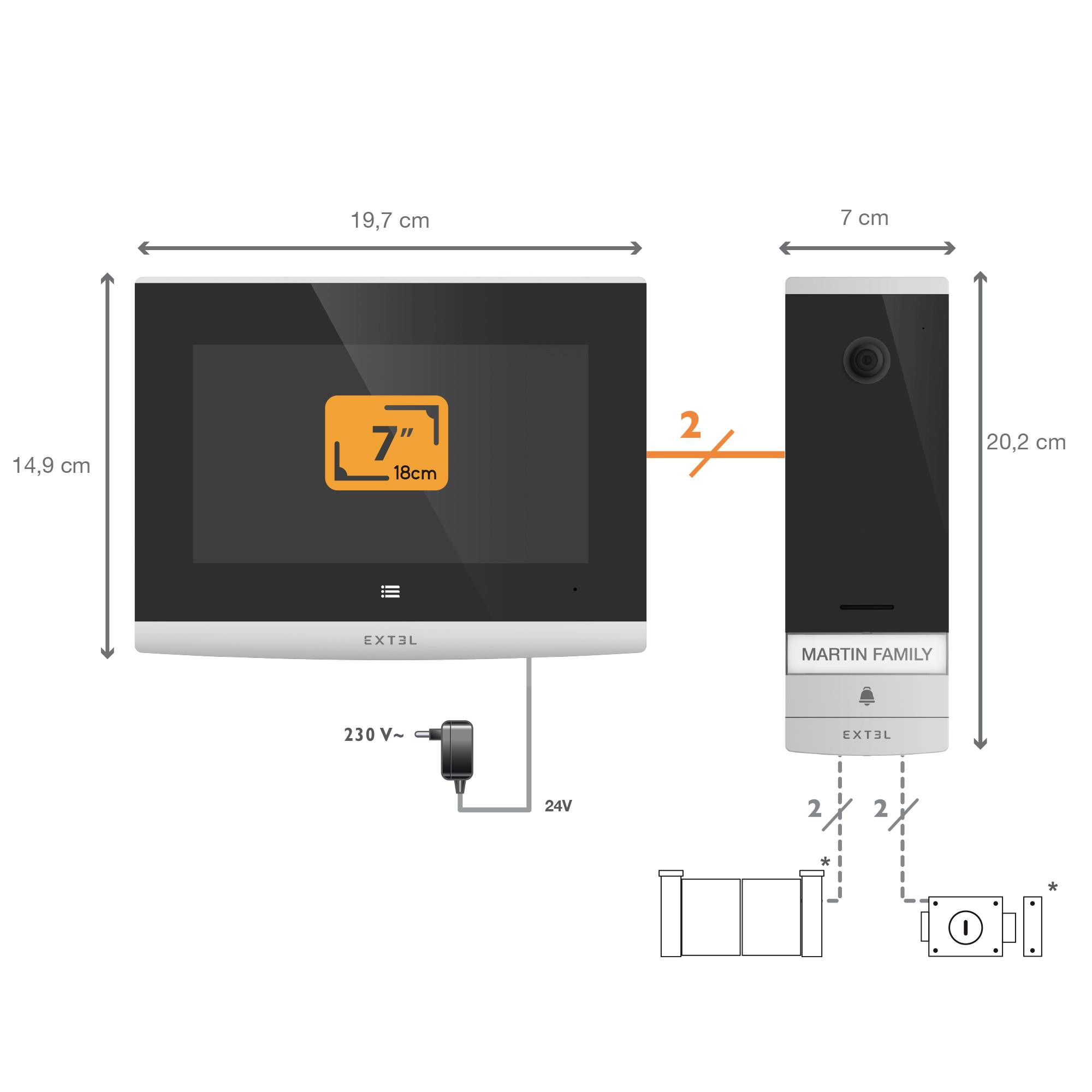 'EXTEL' Video Doorbell with Camera and 7-inch Screen. Dimensions: Screen 19.7 x 14.9 cm; Camera 7 x 20.2 cm. Can be connected to 230V power supply.