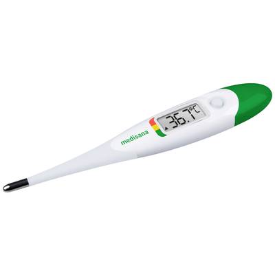 A digital thermometer displays '36.7°C', with markings for temperatures. White casing with a green end.