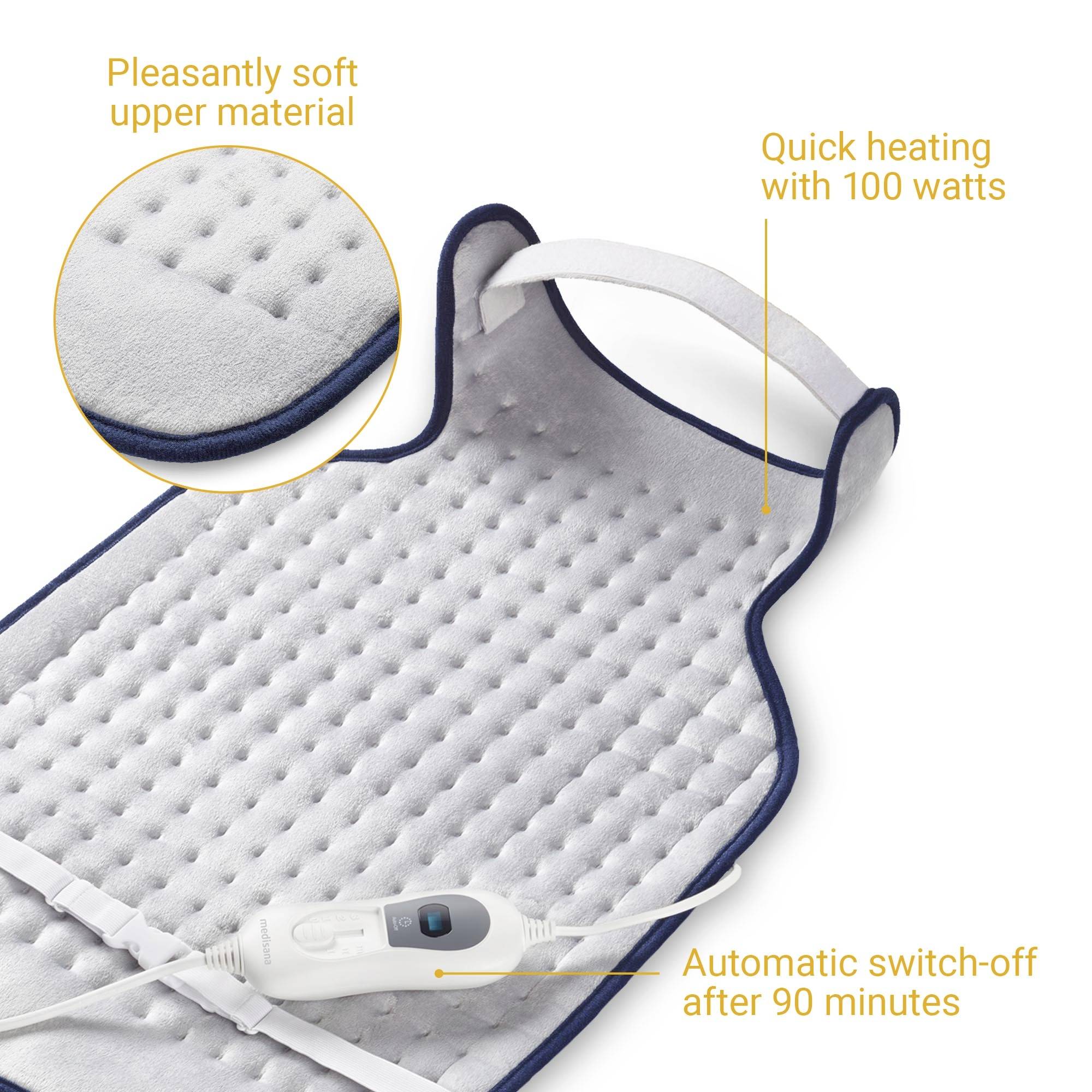 Heated cushion with soft top material, 100 watts power and automatic switch-off after 90 minutes. Includes control unit.