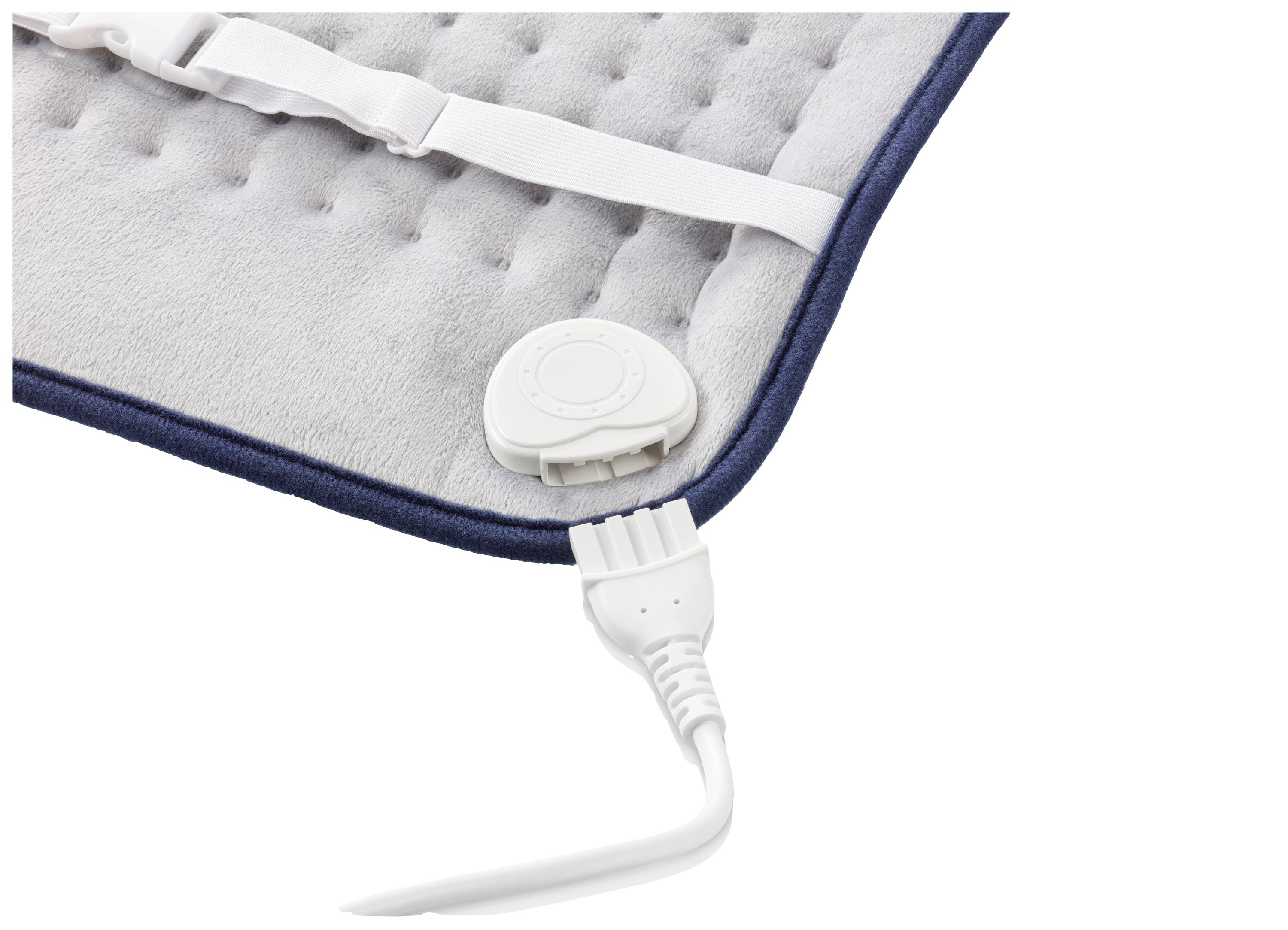 A grey heated cushion with a blue border and white network cable. A circular switch for temperature control is visible.
