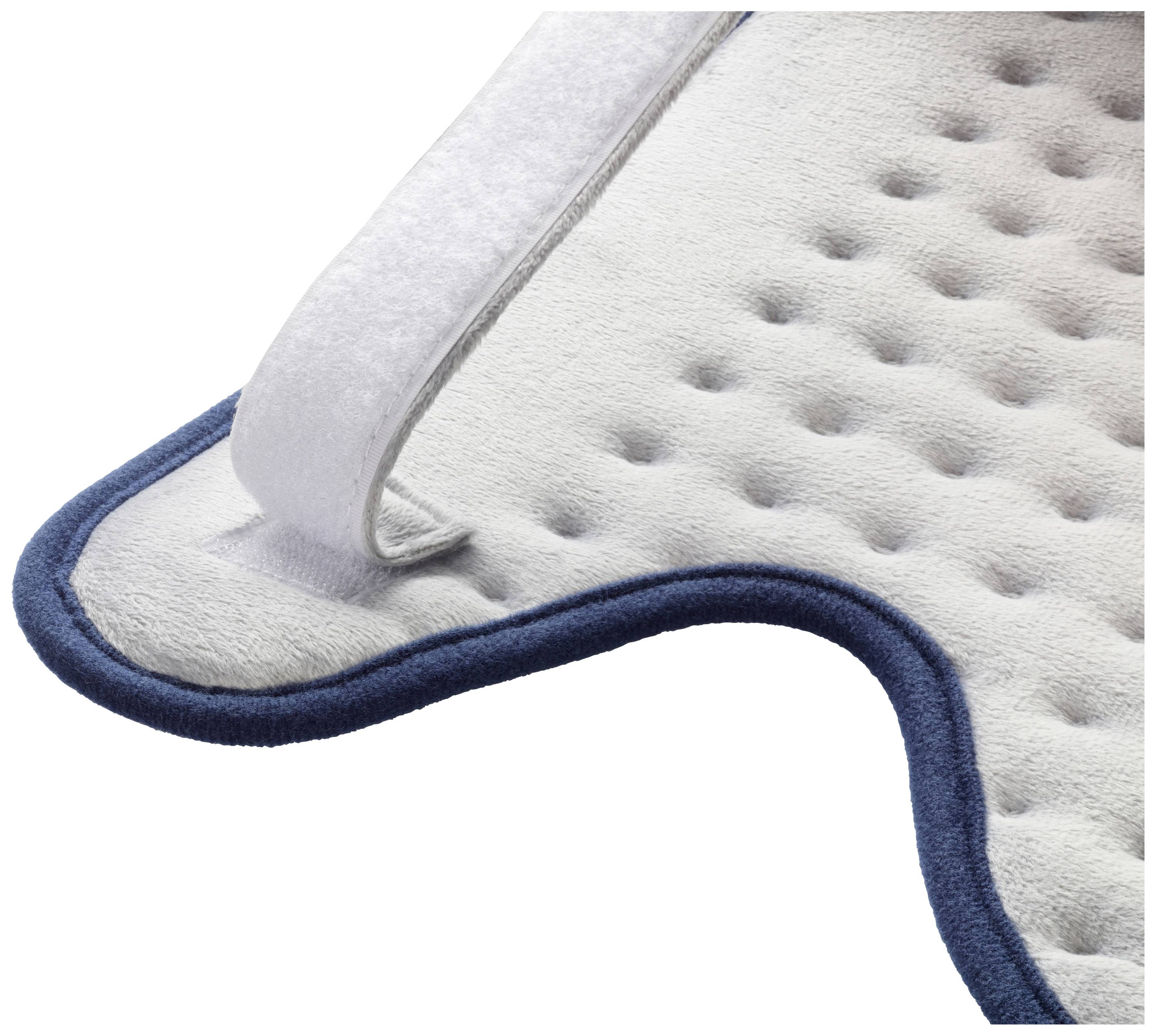 Heat pad with a soft, textured surface, curved design and a hook and loop fastening band on the top.