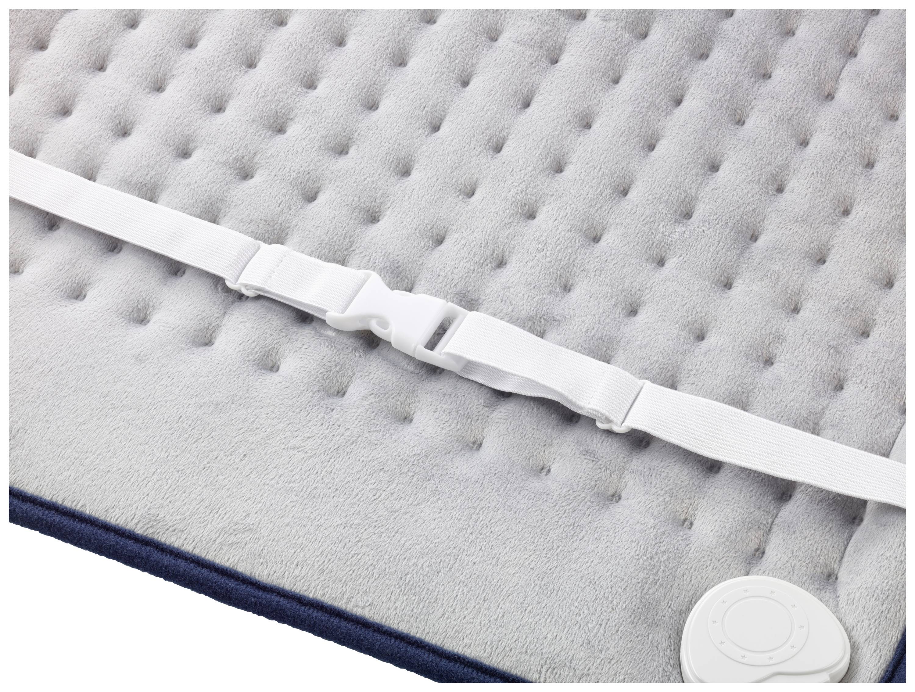 Electric heated blanket with quilted design, white straps and controls. Ideal for alleviating muscle pain.