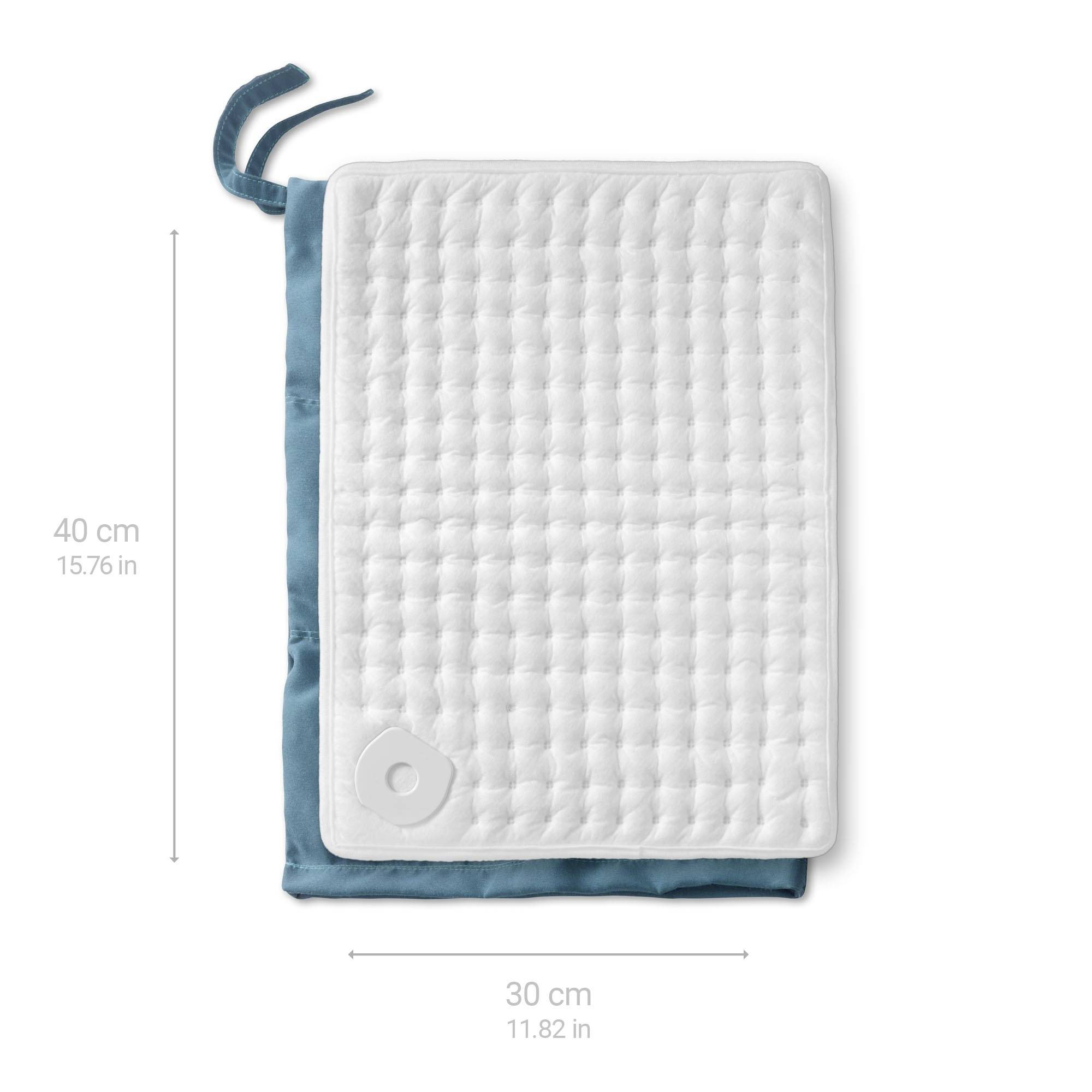 Heated blanket with blue fabric border, rectangular, dimensions: 40 cm x 30 cm. A blue ribbon is located on the left side.
