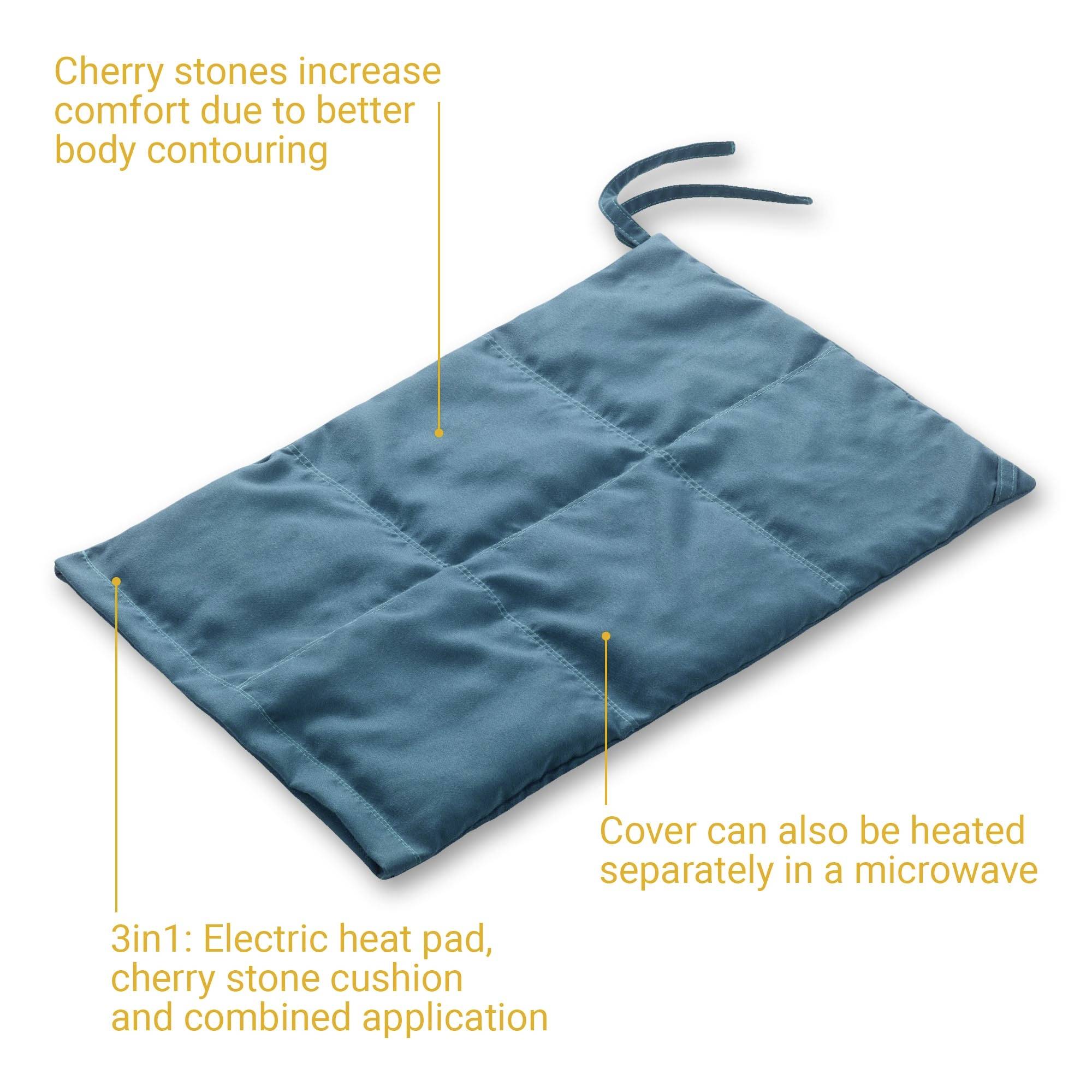 Heat pad with cherry stones and removable cover. Cover can also be heated separately in the microwave. Increases comfort.