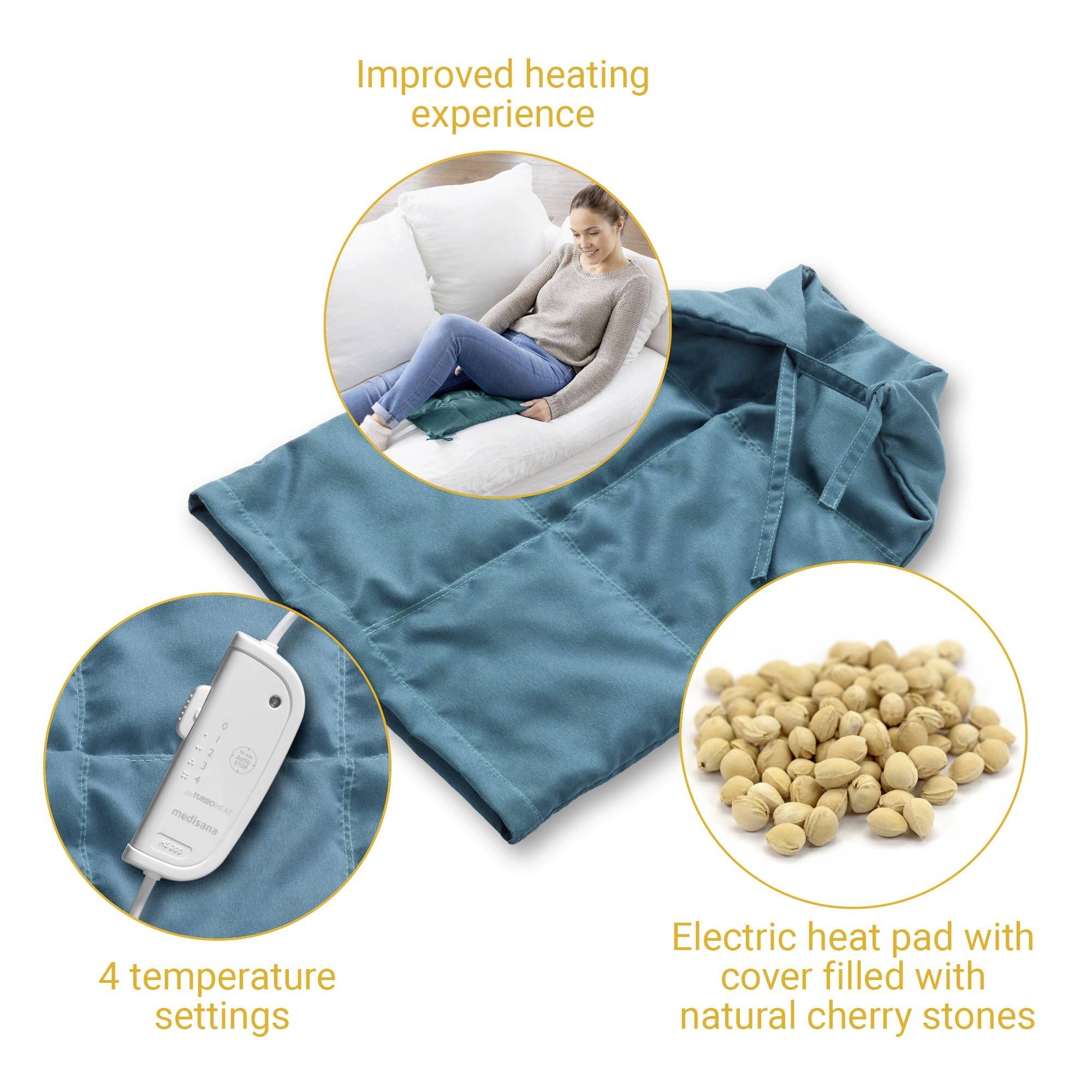 'Electric heat pad with natural cherry stones, 4 temperature settings, enhances heating experience, woman sits relaxed.'