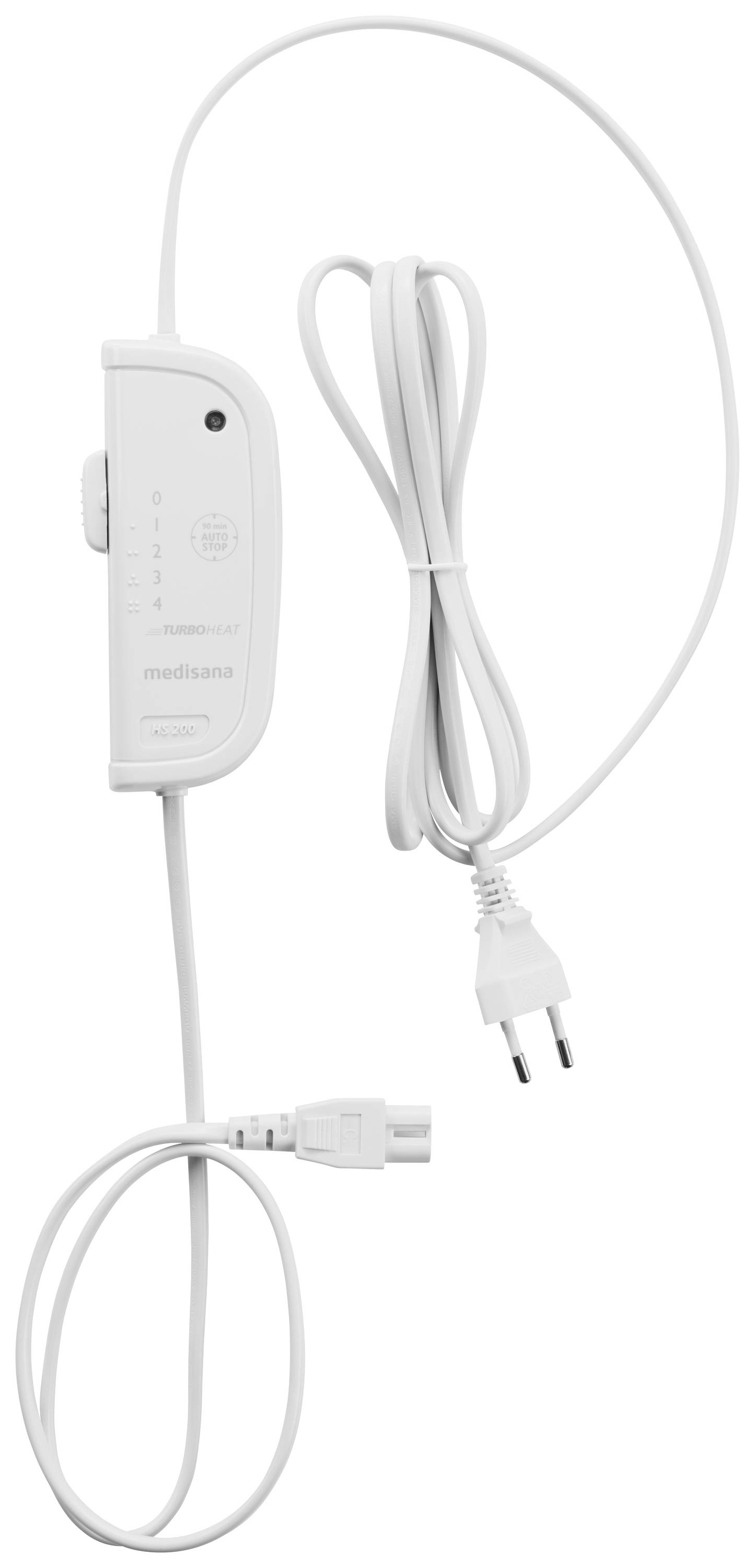 A white power adapter with a switch, cable, and European plug. The adapter features a small logo and brand name.