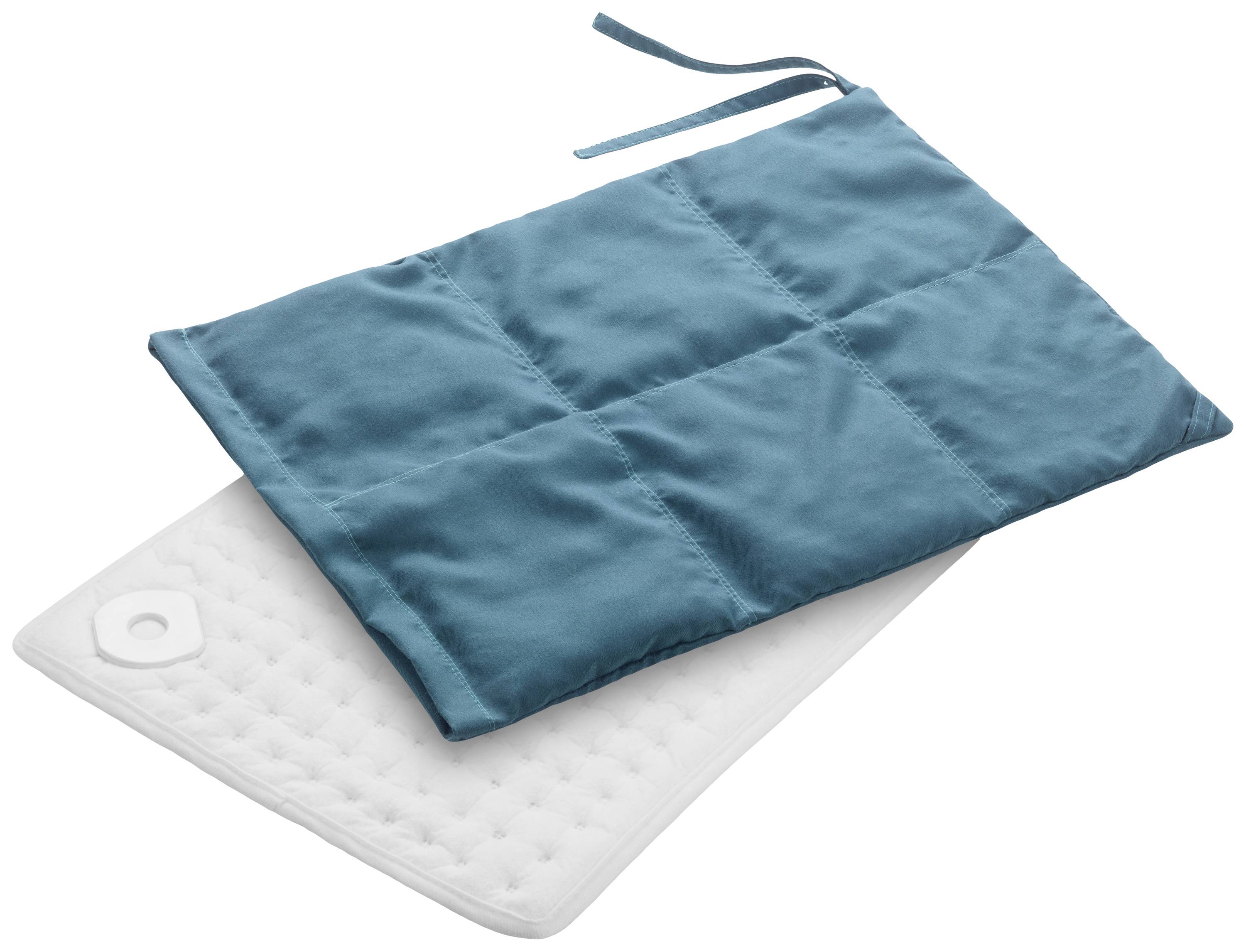 Heating pad with a removable blue cover and a white inner padding.