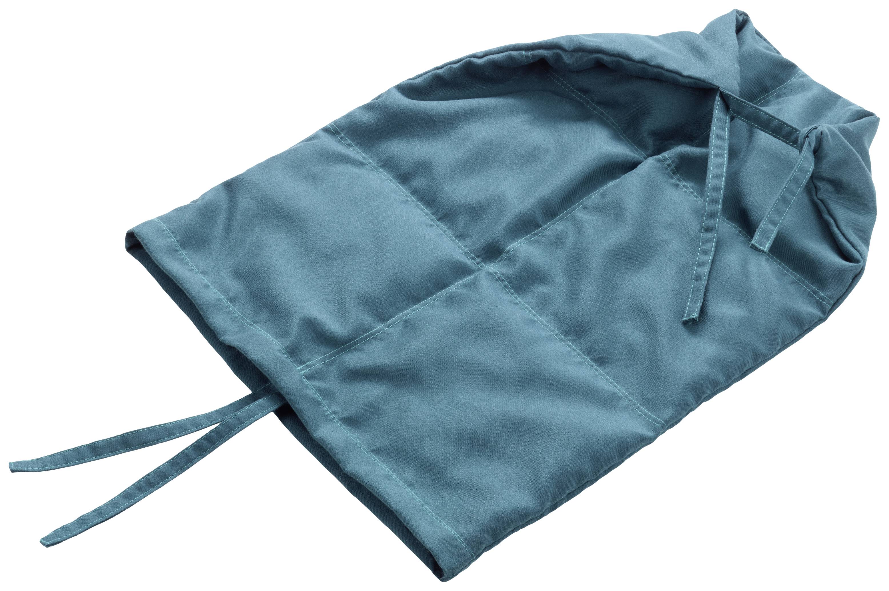 A turquoise fabric patchwork bootie bag with ties for fastening.