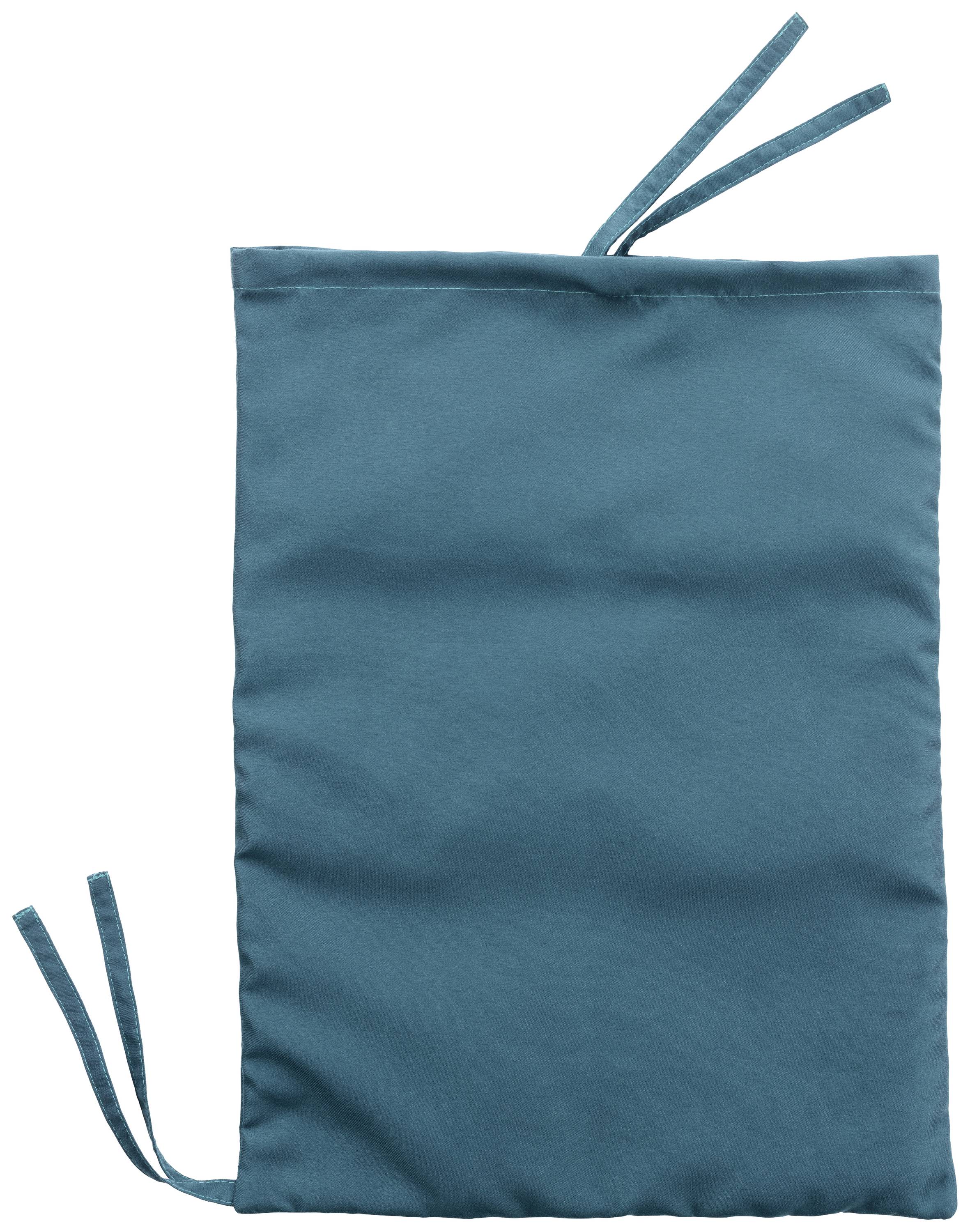 A rectangular, blue seat cushion with two ties for attaching to a chair or seating furniture.