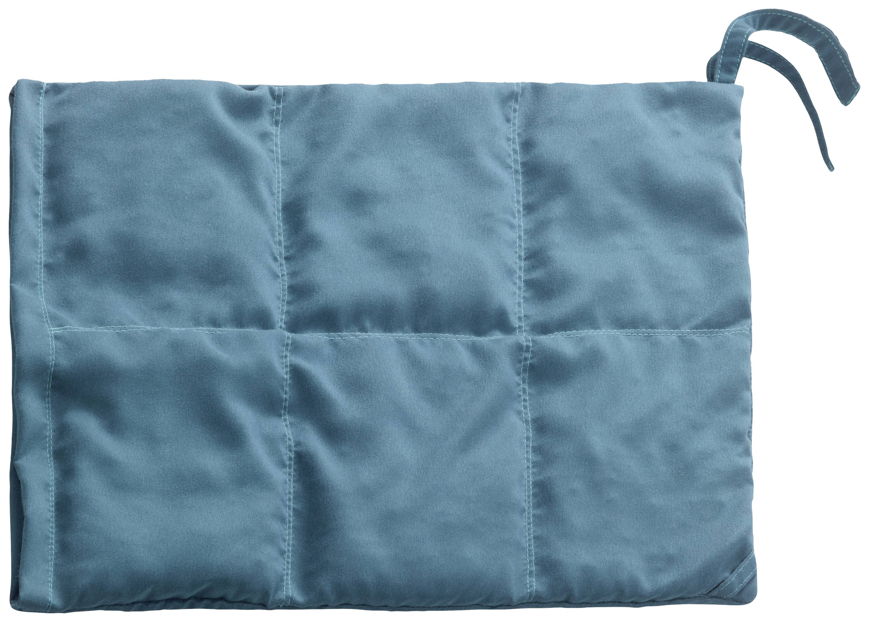 Blue, padded sleeve with strap loops in the top right corner, rectangular in shape, suitable for protecting or transporting flat items.