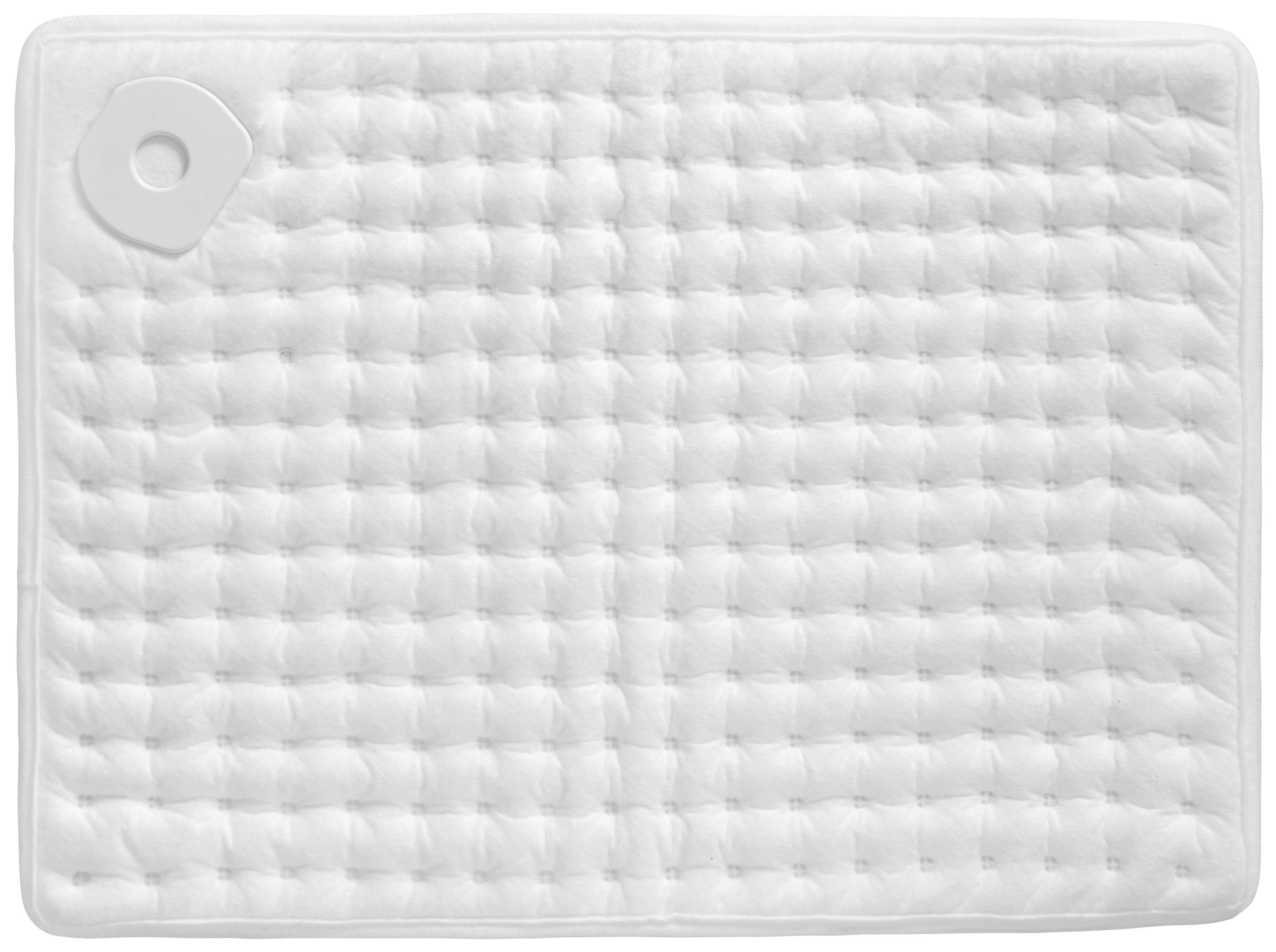 White, padded quilted duvet with a small round hole in the top left. The structure is regular and arranged in a square pattern.