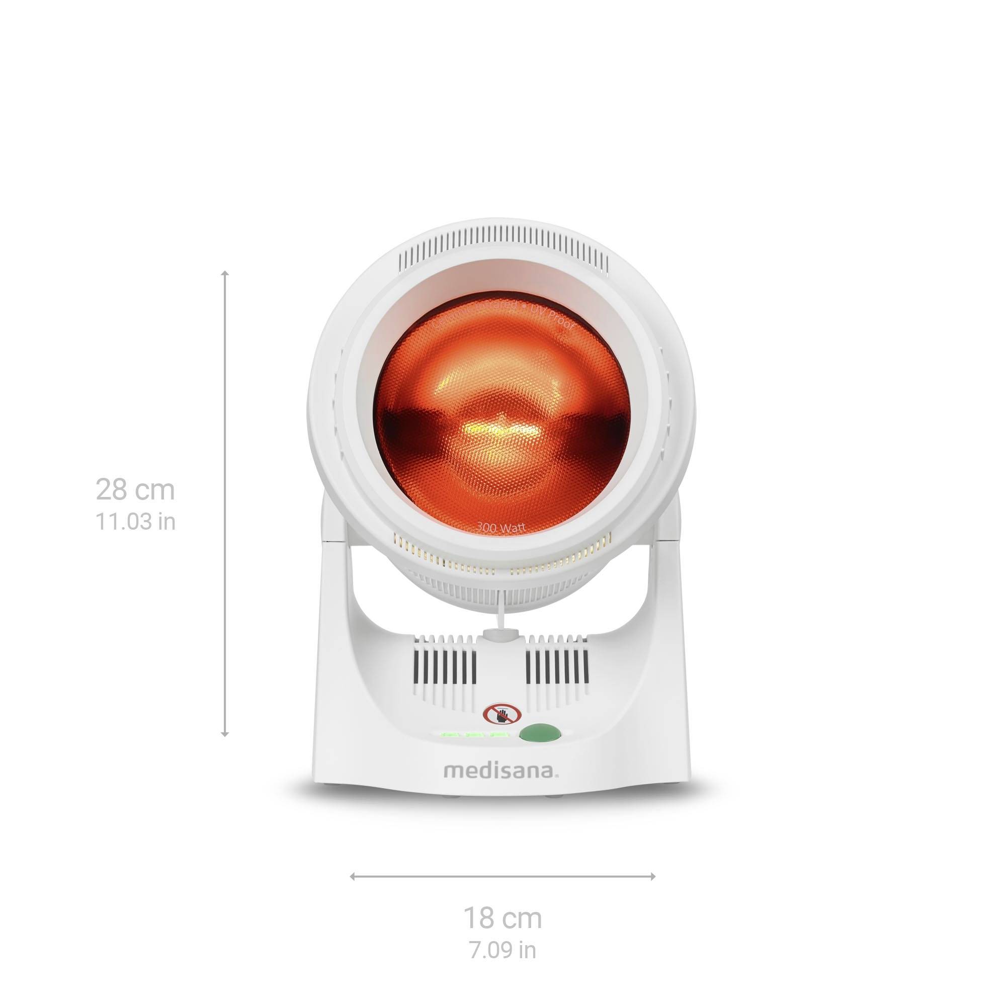 Infrared lamp, 300 watts, mounted on a stand, white casing with orange reflector, for heat application. Dimensions: 28 cm high, 18 cm wide.