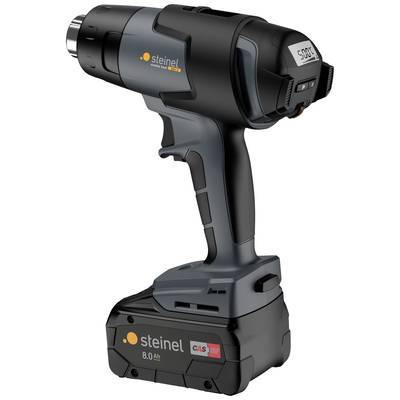 Hot air gun by Steinel with digital temperature display; shows 550 degrees Celsius. Battery-powered with 8.0 Ah capacity.
