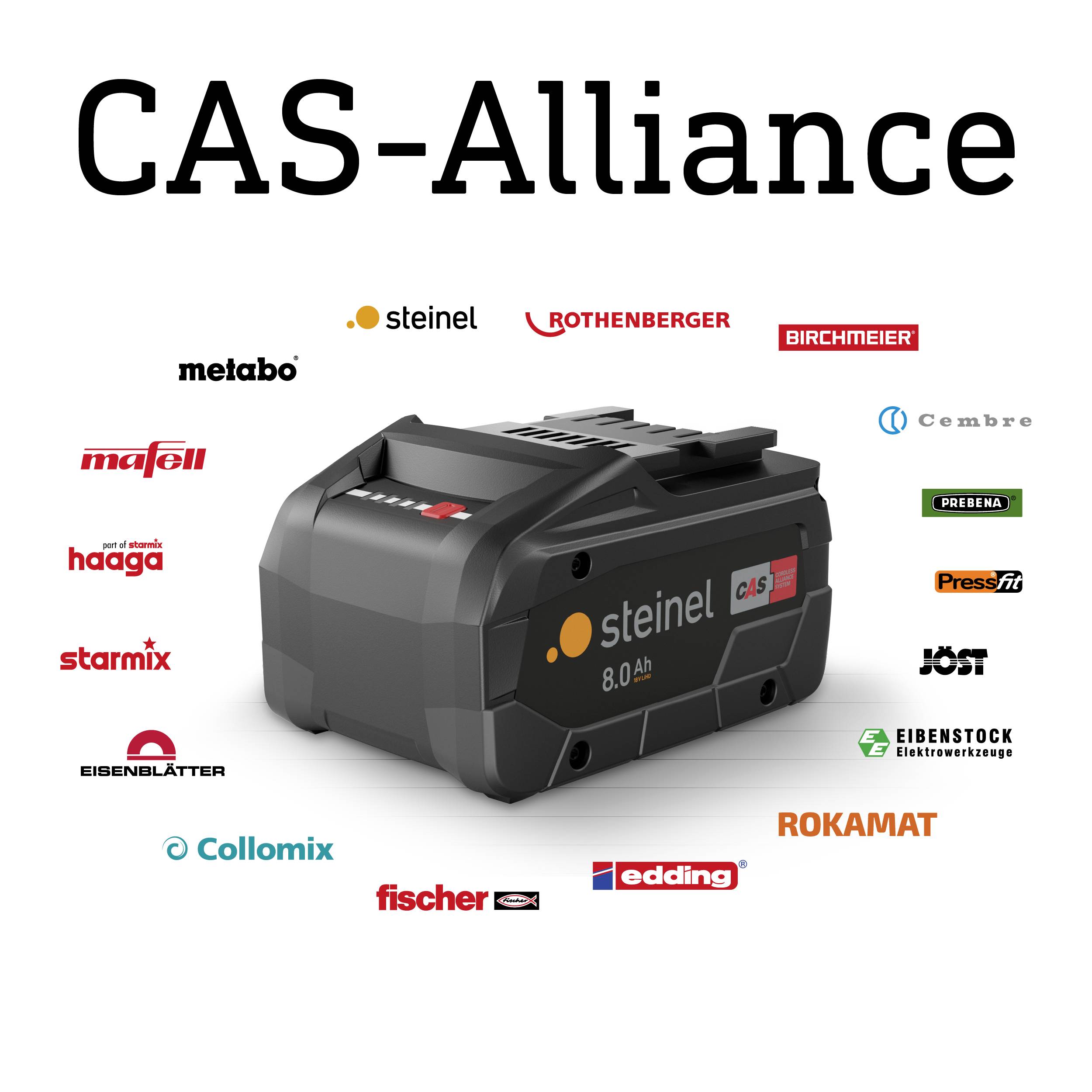 The image displays the 8.0 Ah battery from Steinel, part of the CAS Alliance, surrounded by logos of partner companies such as Metabo and Rothenberger.