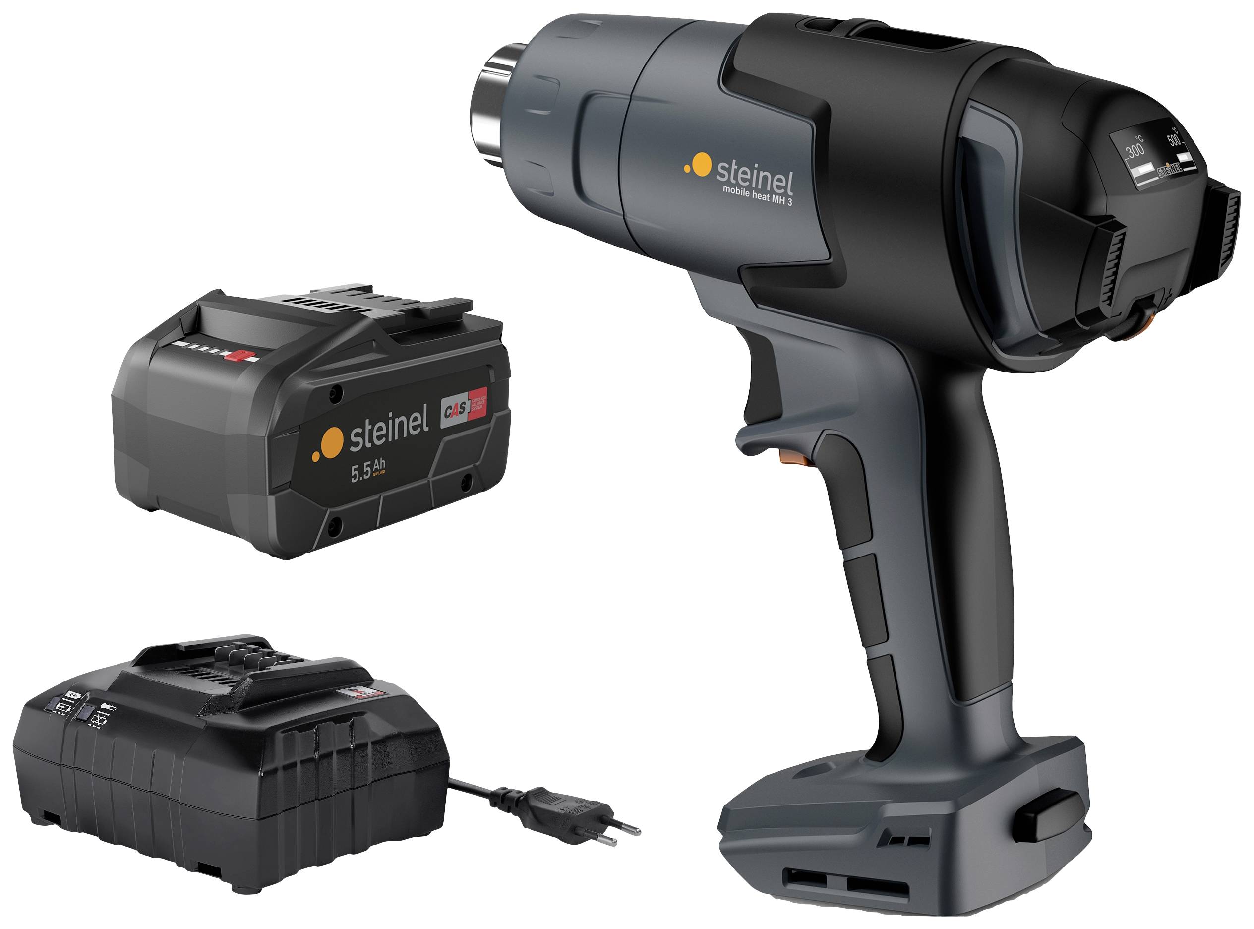Hot air gun by Steinel with rechargeable battery and charger, suitable for diverse DIY and professional applications.