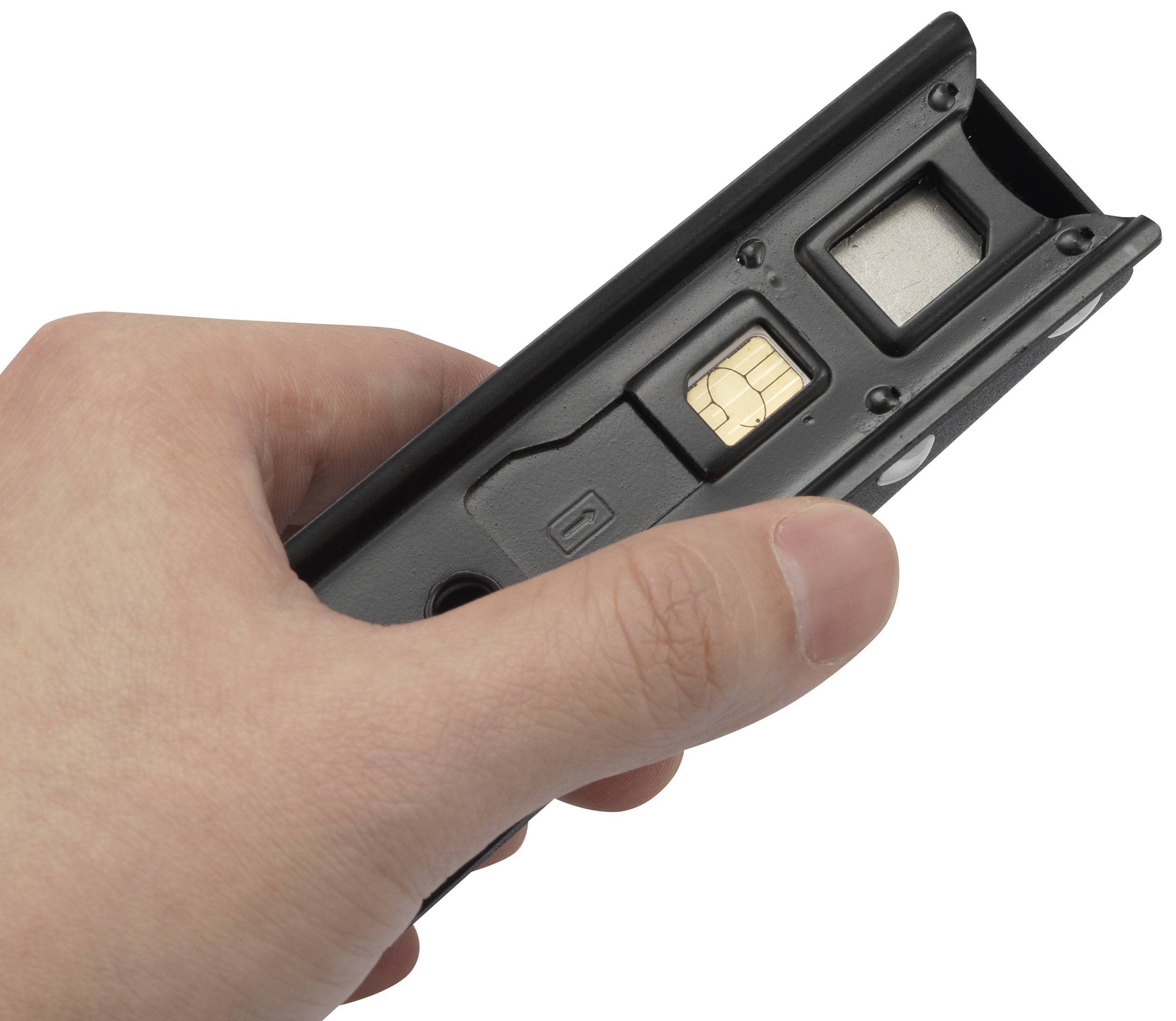 A hand holding a tool with a SIM card slot.