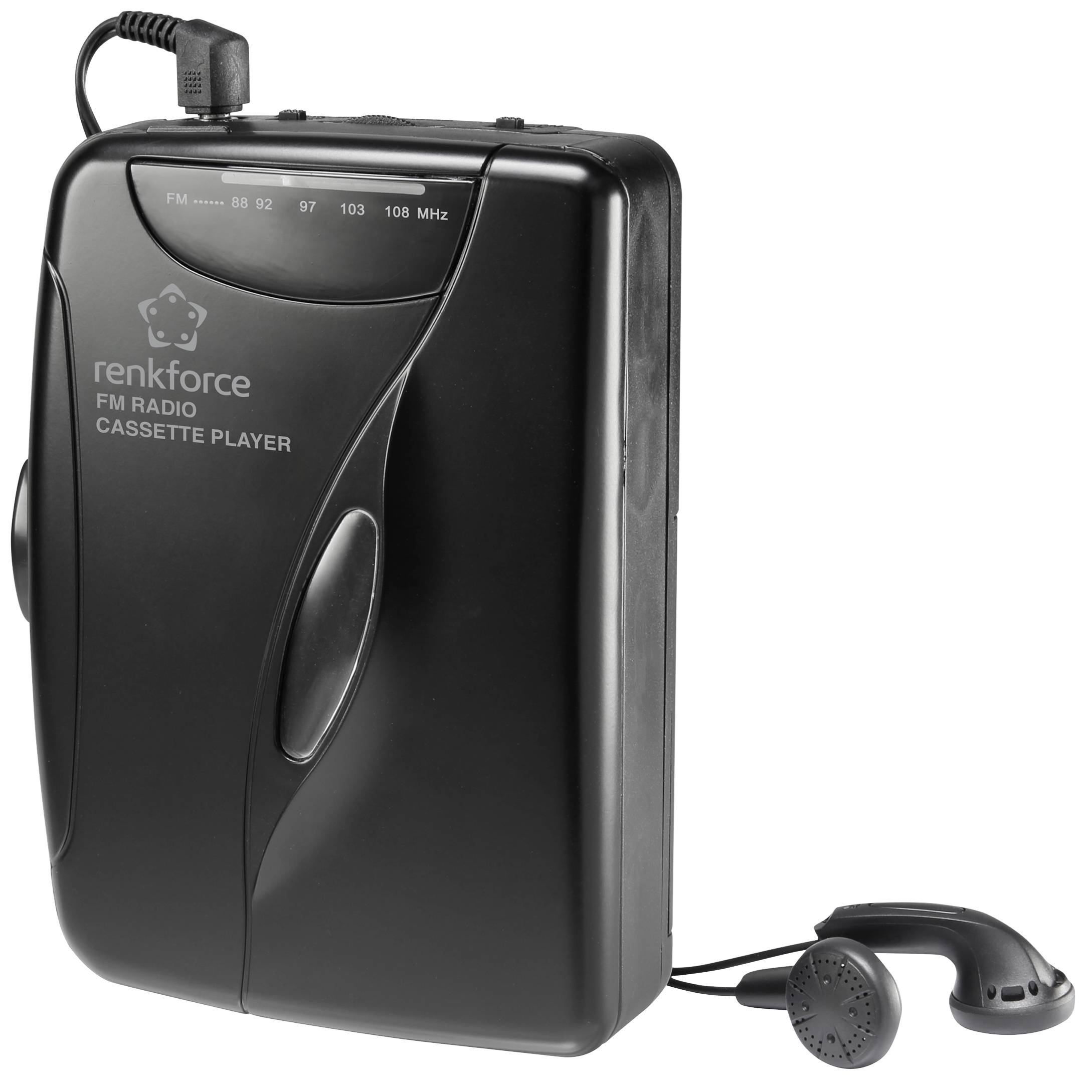 Black cassette player with FM radio by Renkforce, with connected earphone. Frequency display at top: 88 to 108 MHz.