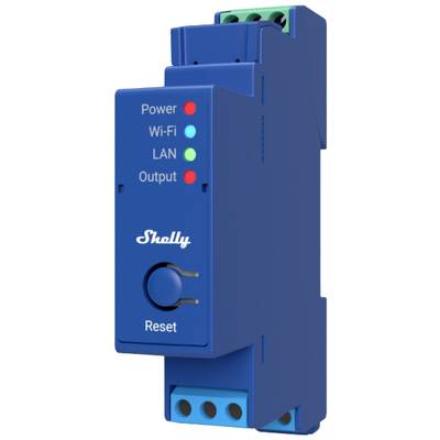 Blue Shelly device with indicator lights and reset button. Lights for Power, Wi-Fi, LAN and Output are visible.