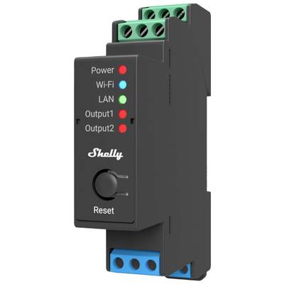 A black module with LEDs: 'Power', 'Wi-Fi', 'LAN', 'Output1', 'Output2'. Buttons: 'Shelly', 'Reset'. Network and power connections at the top and bottom.