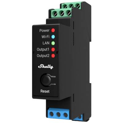 A black module with LED indicators for 'Power', 'Wi-Fi', 'LAN', 'Output1' and 'Output2', along with a 'Reset' button labelled 'Shelly'.