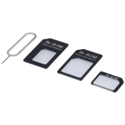 'Three SIM card adapters and a SIM card ejection tool. Adapters for Nano-SIM, Micro-SIM and Standard-SIM from R-SIM.'