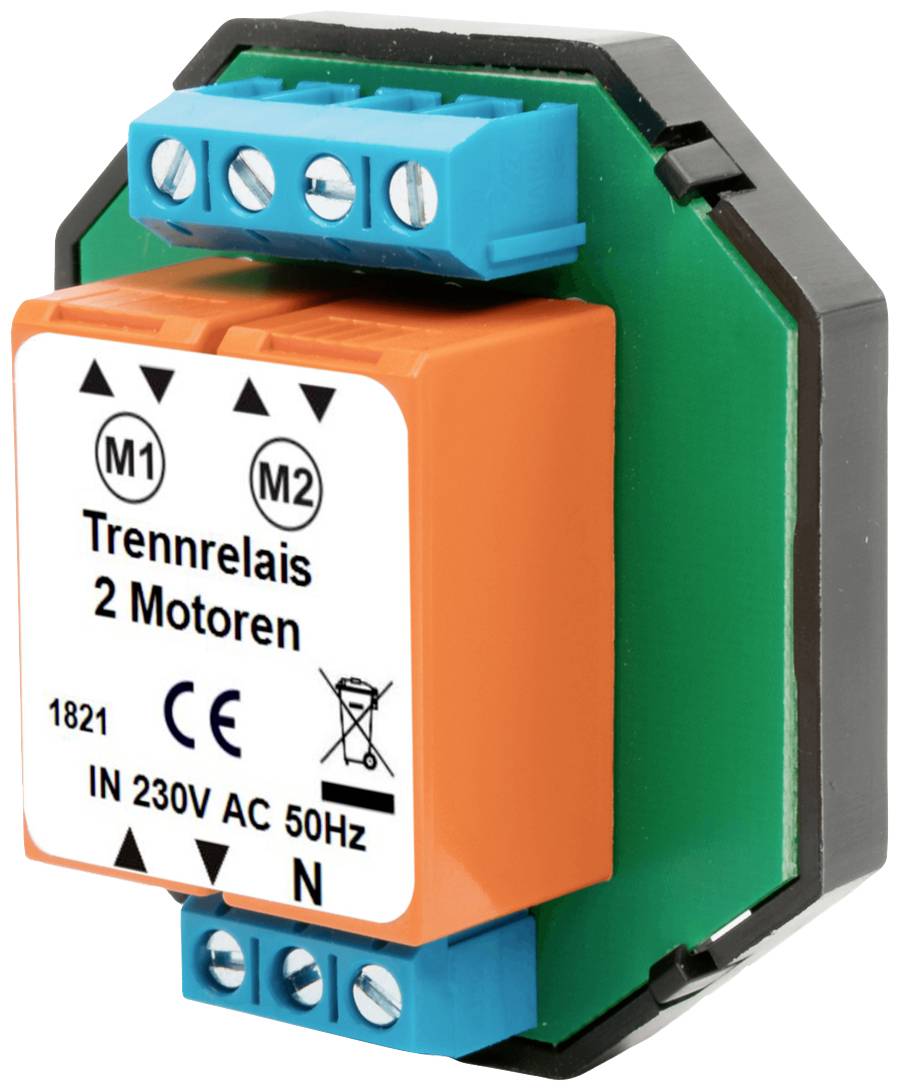 An electrical isolating relay for two motors. Marked as 'Isolating Relay 2 Motors', suitable for 230V AC, 50Hz.