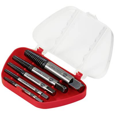 A red case with an open lid contains five different metal thread taps used for removing broken screws.