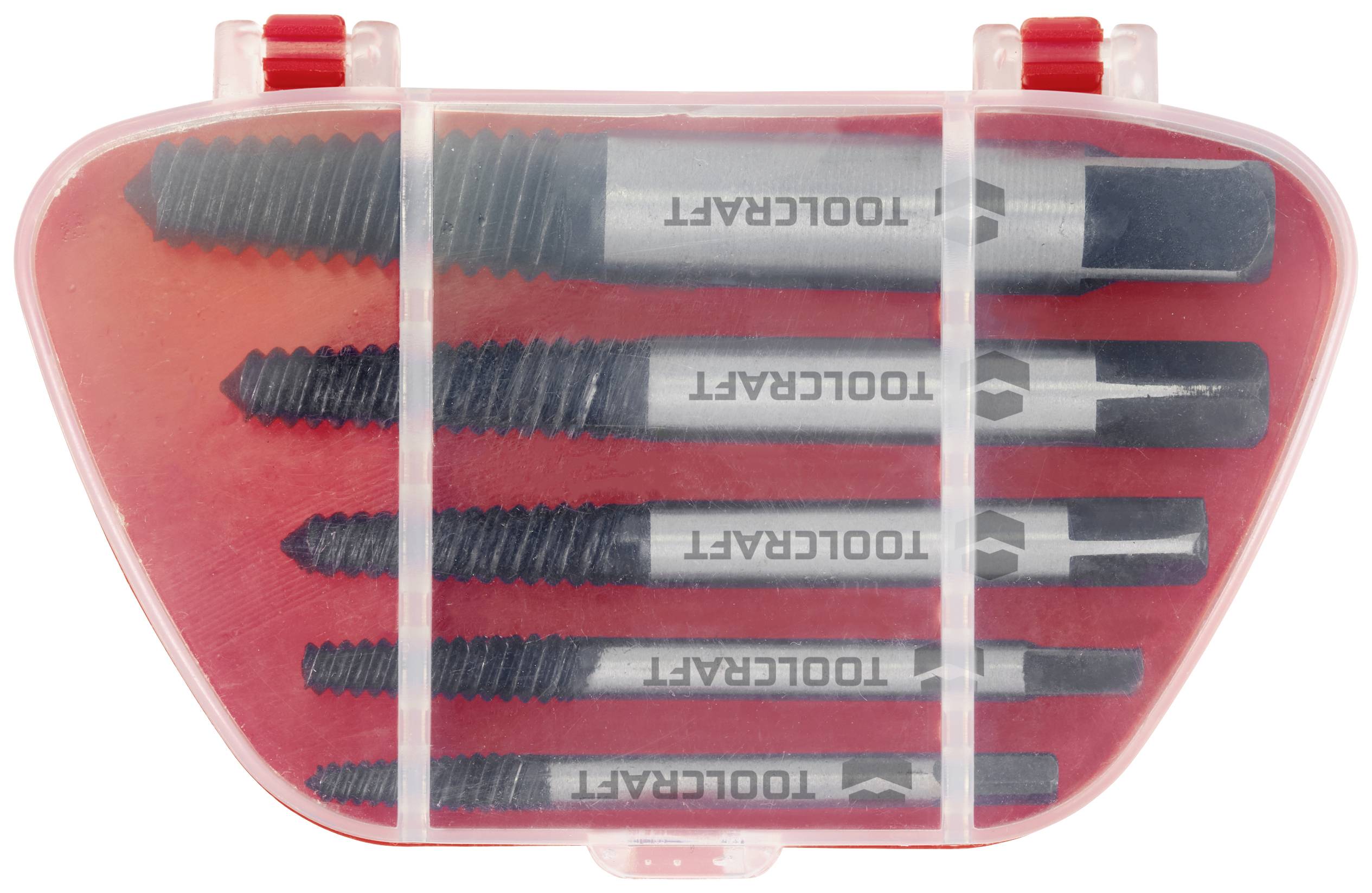 A red set of six metal drill bits in various sizes, neatly arranged in a transparent storage box.