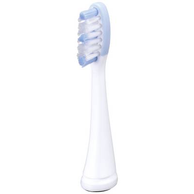 Close-up of a white toothbrush head with blue bristles.
