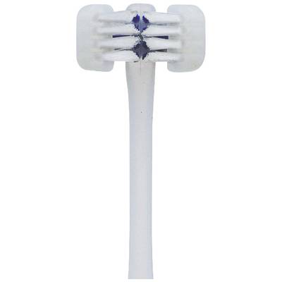 Toothbrush head with white bristles and a blue marking stripe in the middle.